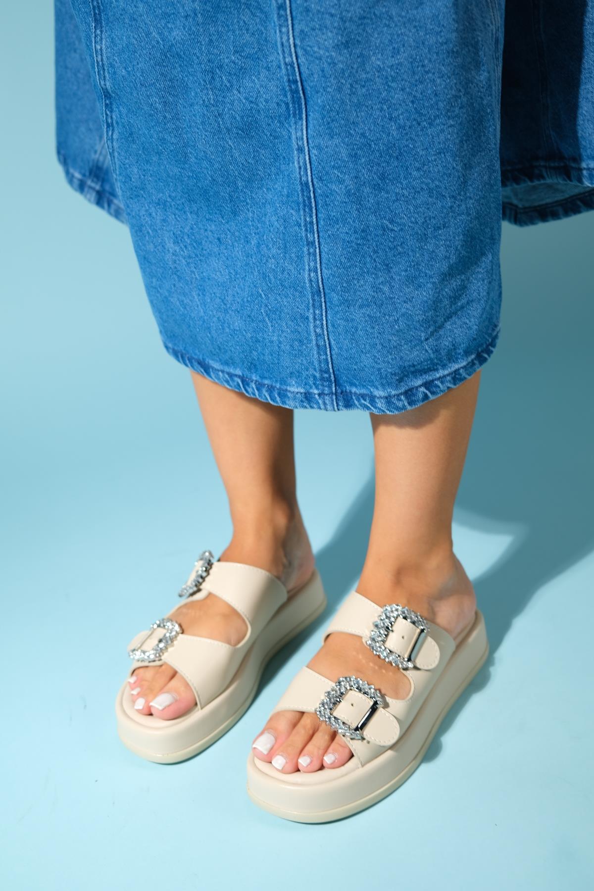 Preds - Beige Embellished Buckle Double-Band Slide (Women)
