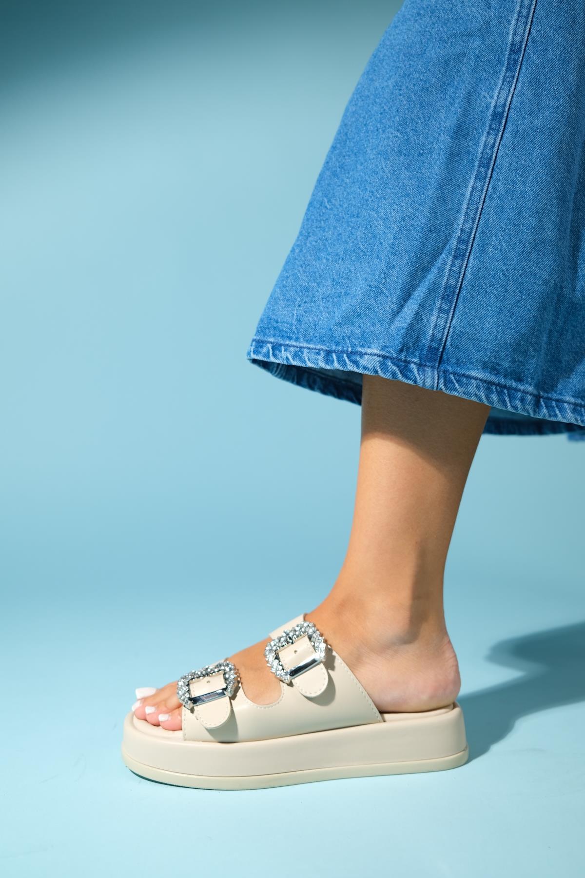 Preds - Beige Embellished Buckle Double-Band Slide (Women)