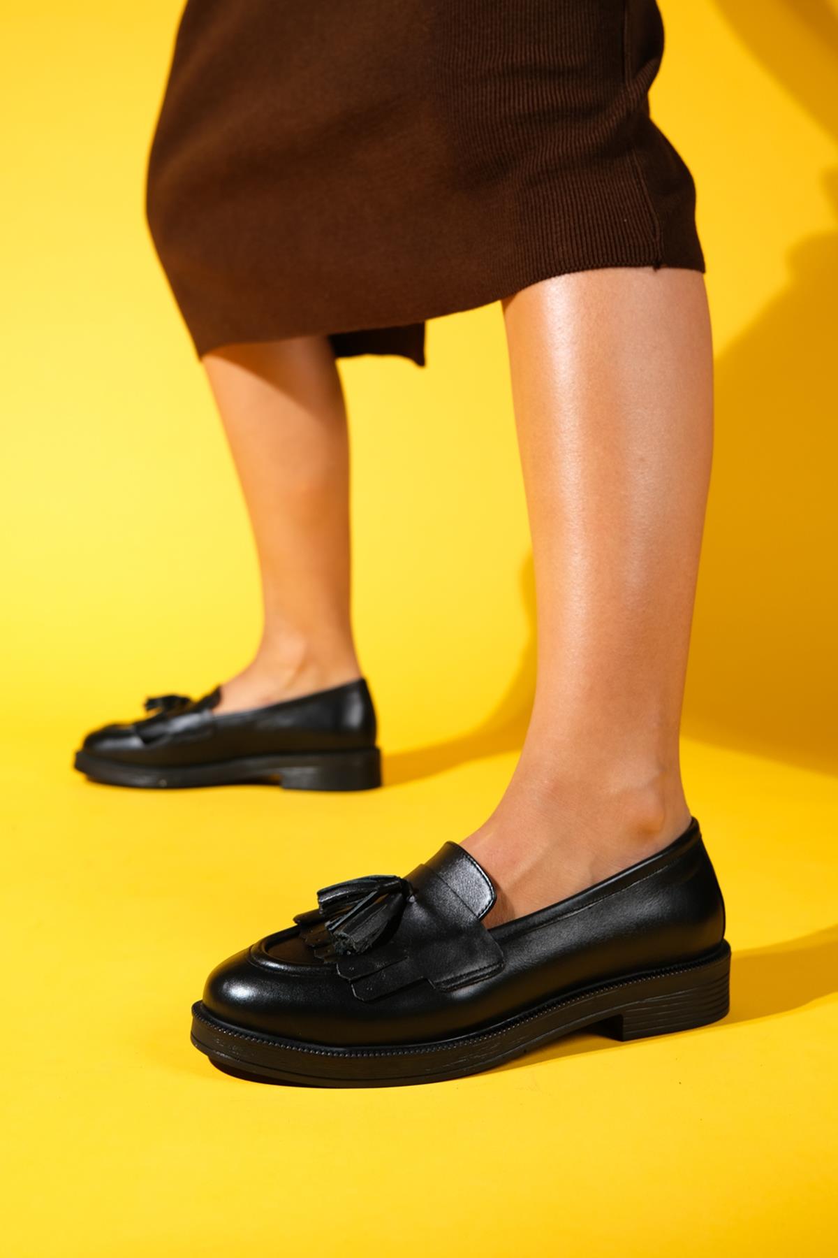 Milly - Black Leather Tassel Loafers