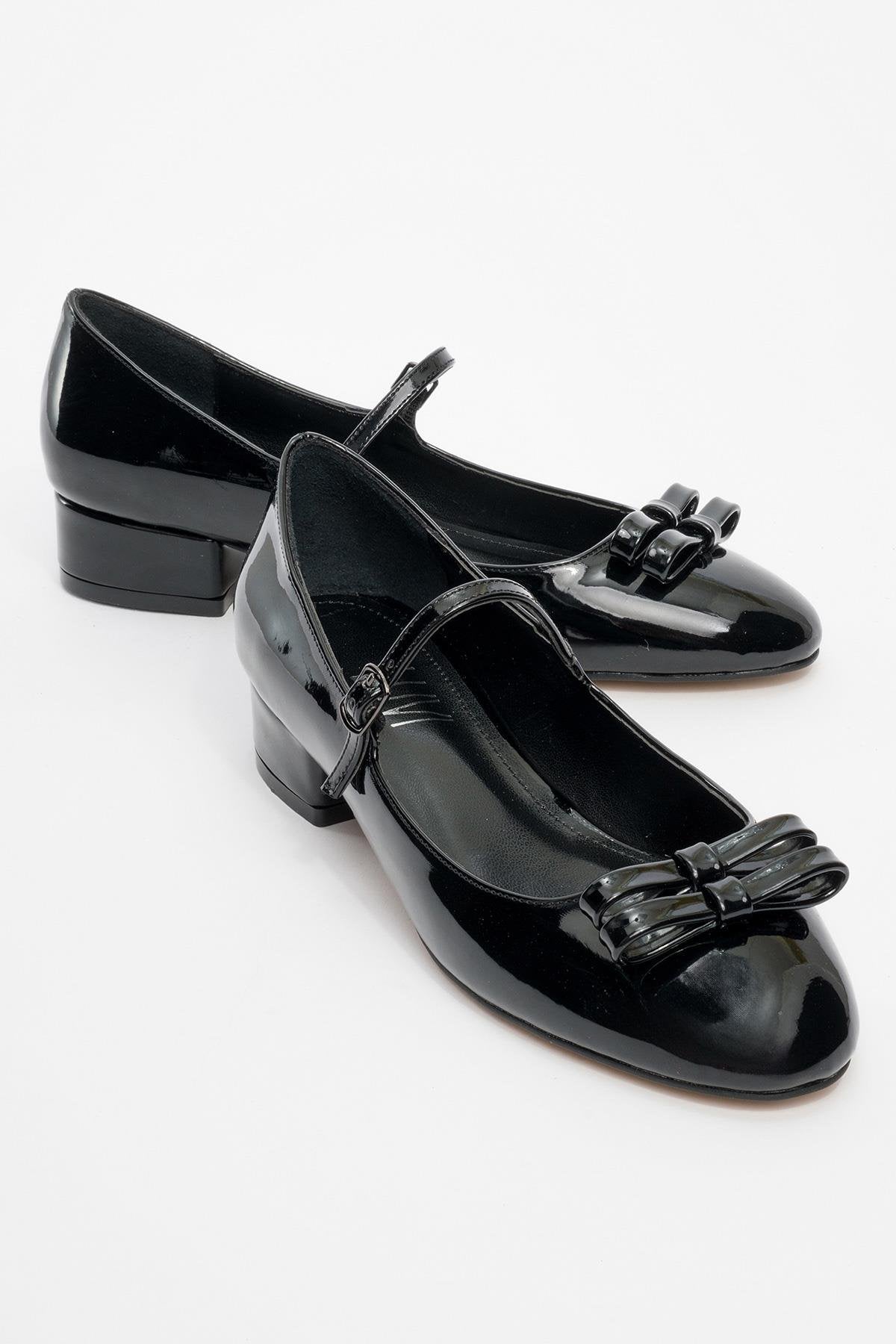 Stela - Black Patent Bow Heeled Ballet Flat (Women)