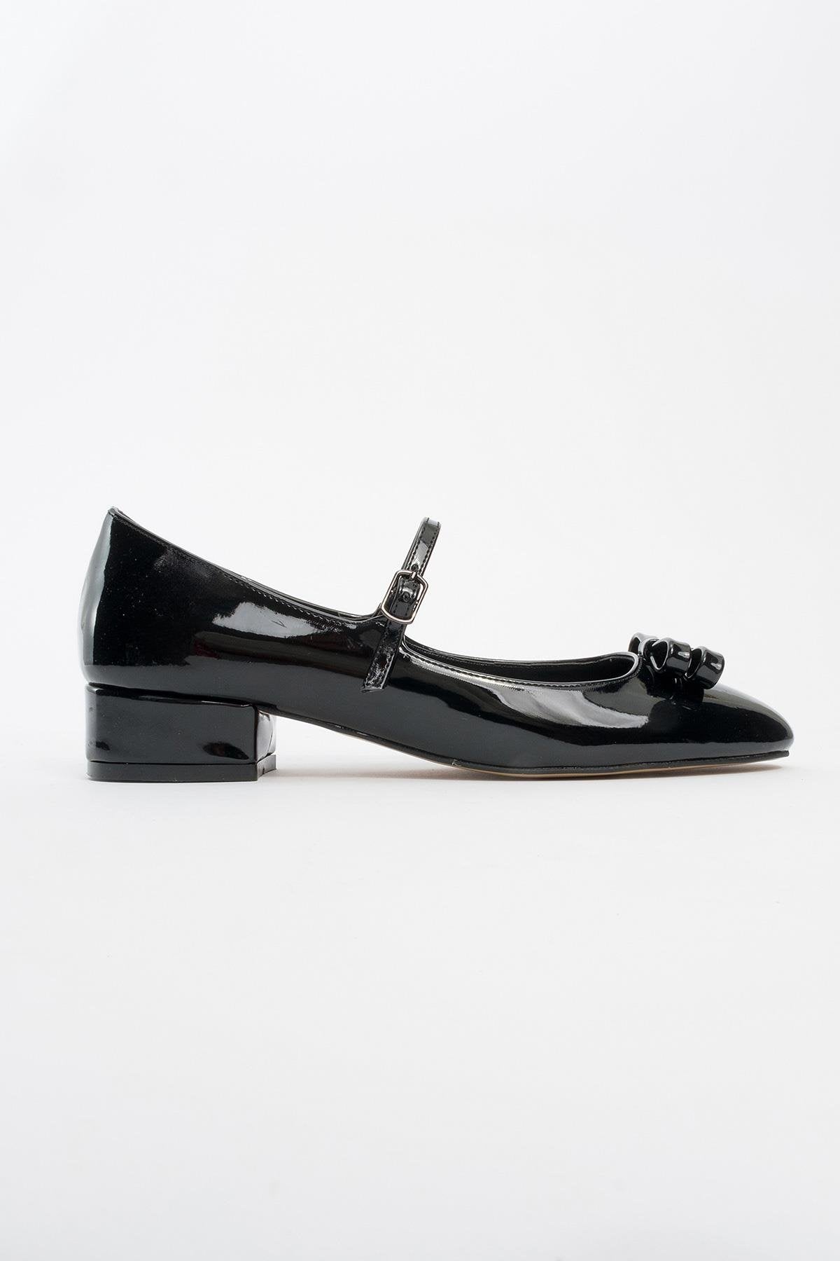 Stela - Black Patent Bow Heeled Ballet Flat (Women)