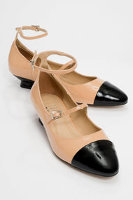 Uster - Taupe-Black Patent Low Block Heel Shoe (Women)