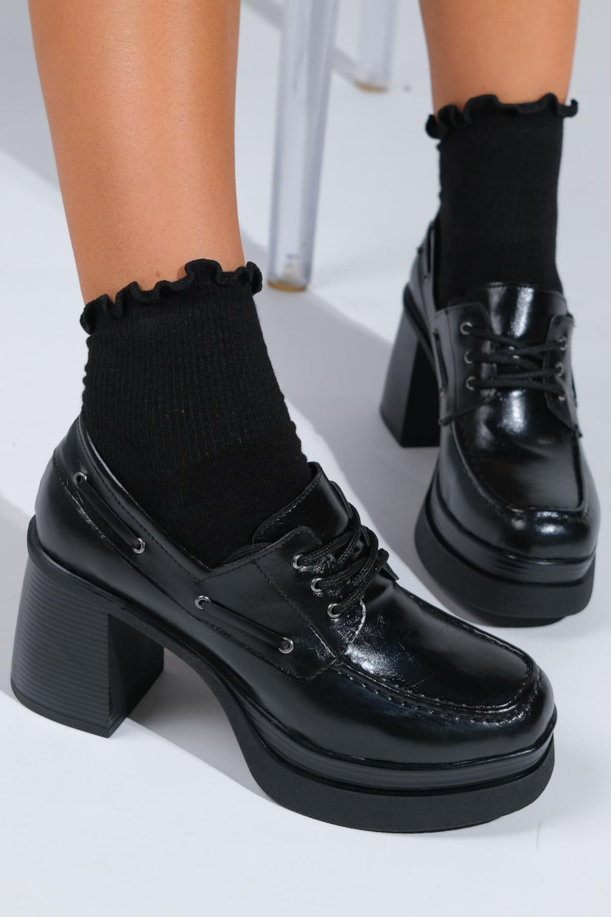 Dudley - Black Lace-Up Platform Heel Shoe (Women)