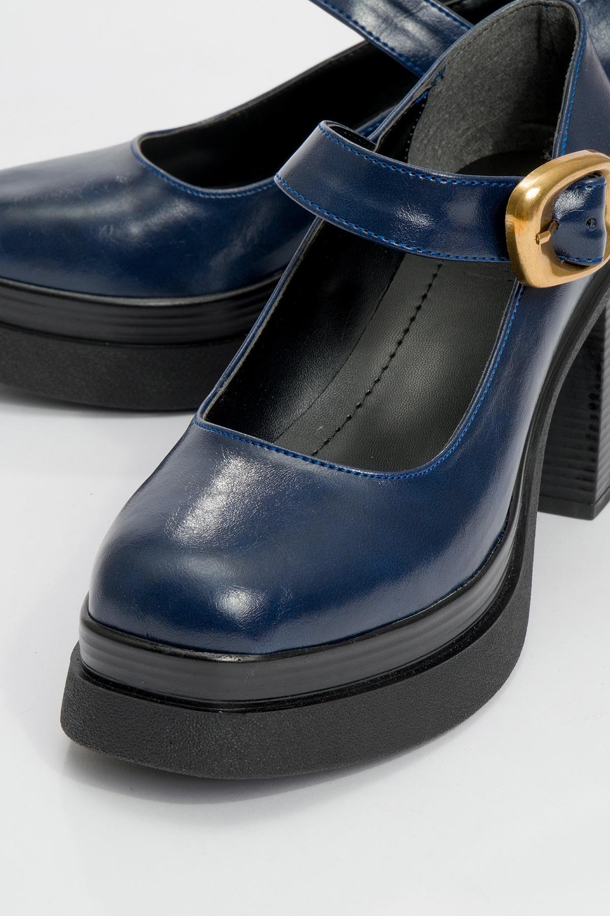 Ashes - Navy Gold Buckle Platform Heel Shoe (Women)