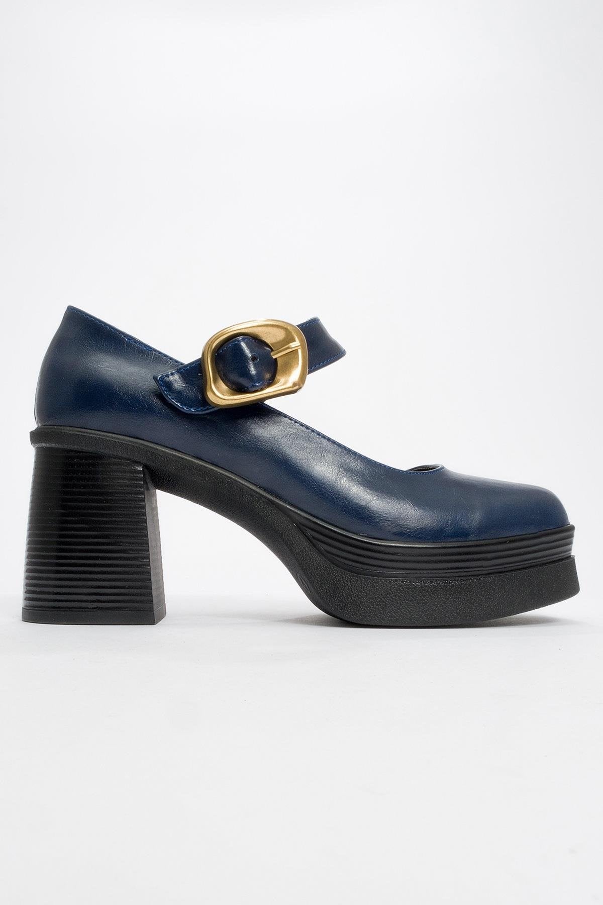 Ashes - Navy Gold Buckle Platform Heel Shoe (Women)