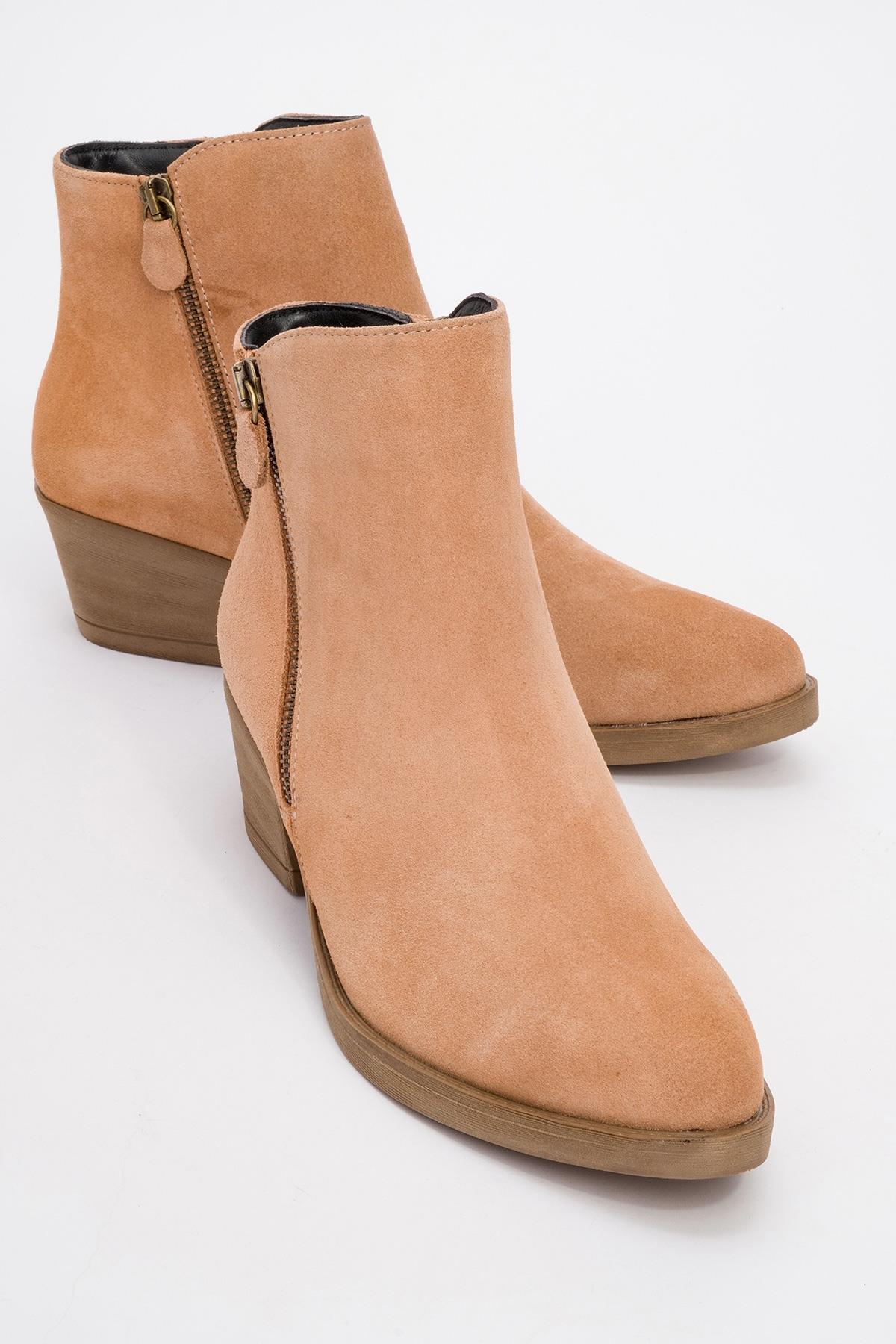 JAYER Dark Beige Leather Double-Zip Block Heel Boot (Women)