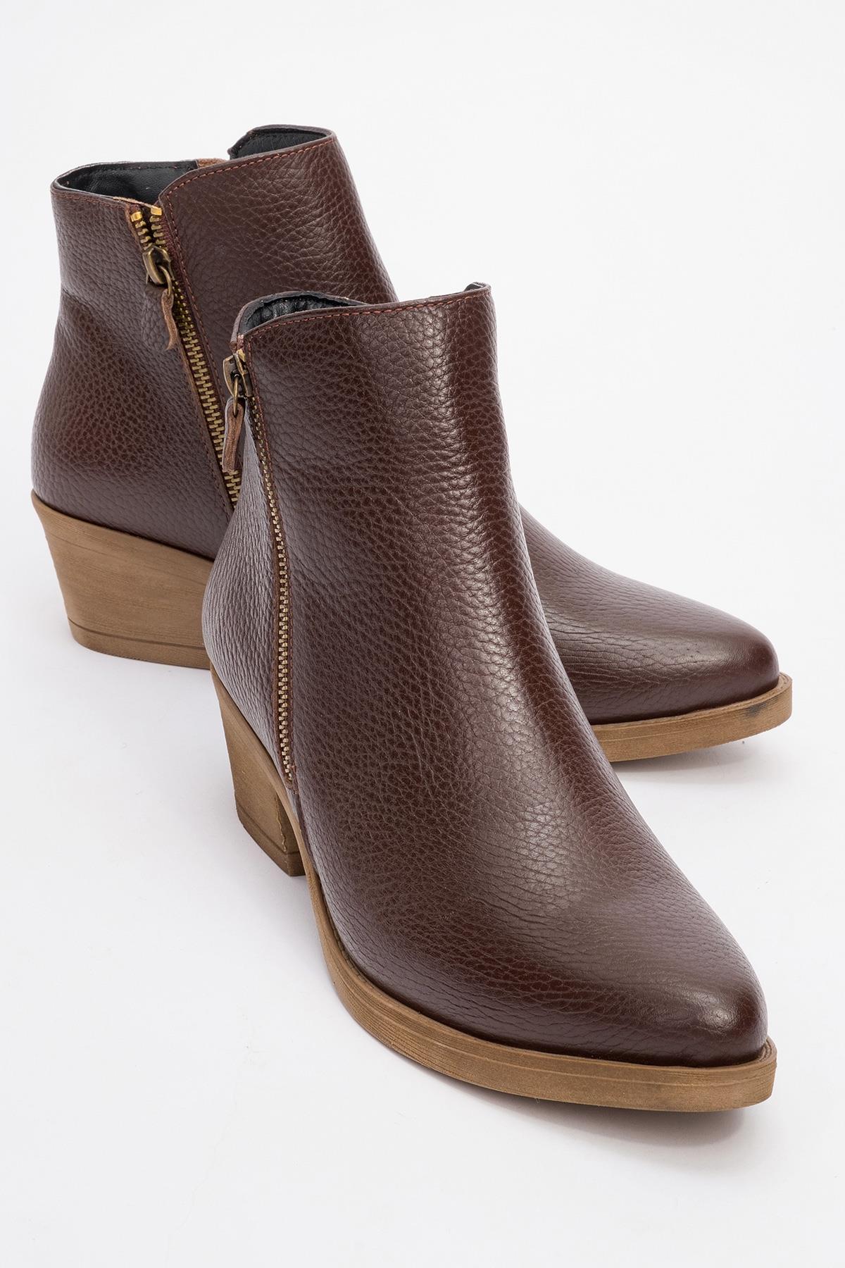 JAYER Brown Leather Double-Zip Block Heel Boot (Women)