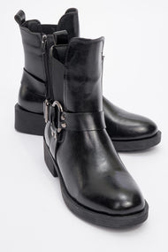 Stone - Black Flat Heel Buckle Elastic Zip Ankle Boot (Women)