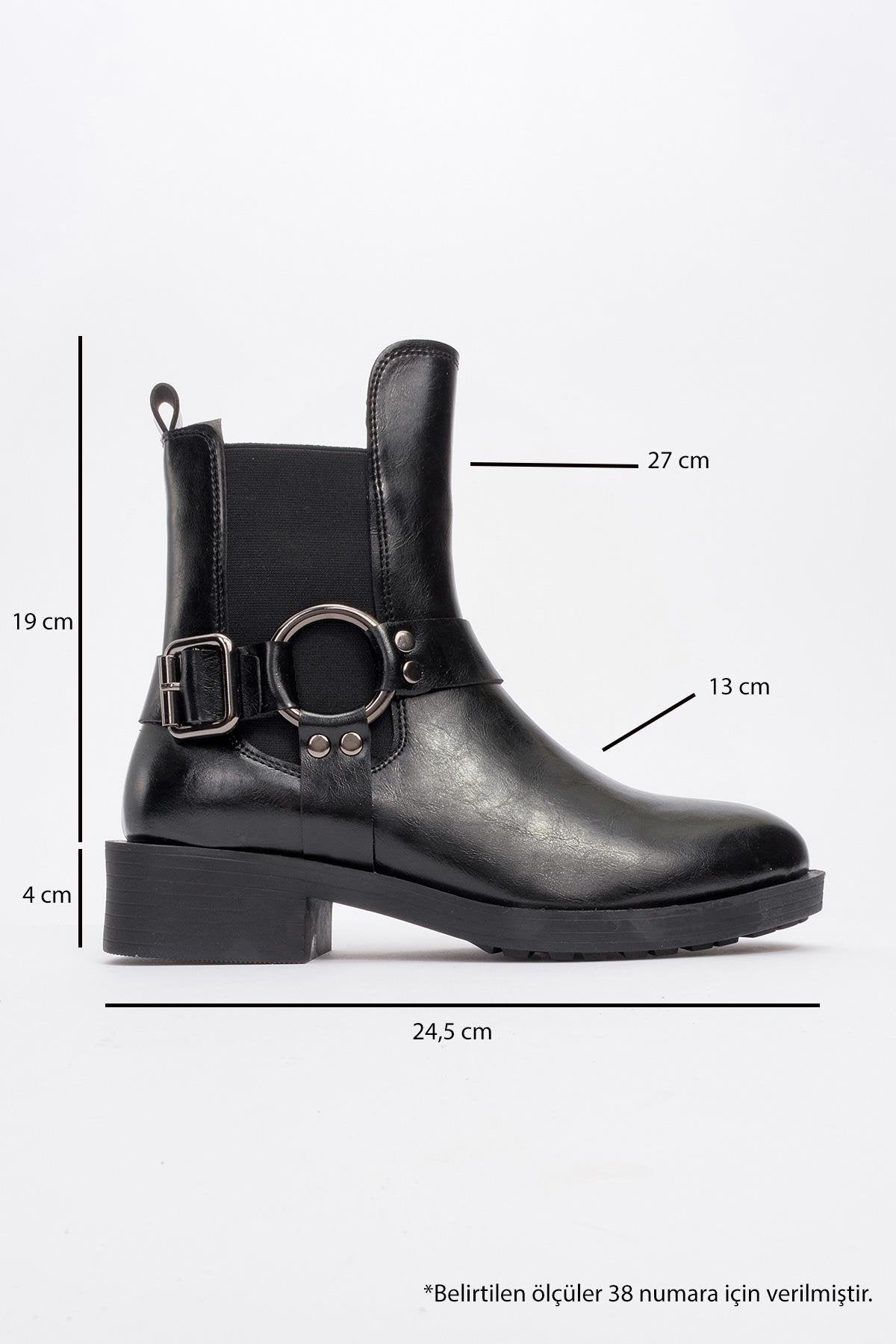 Stone - Black Flat Heel Buckle Elastic Zip Ankle Boot (Women)