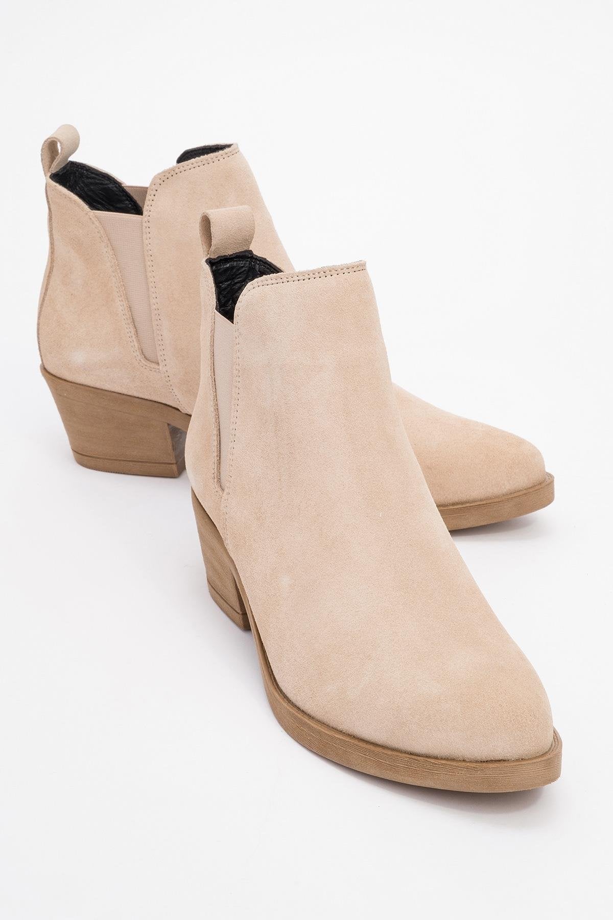 Dovena - Beige Suede Genuine Leather Elastic Block Heel Ankle Boot (Women)