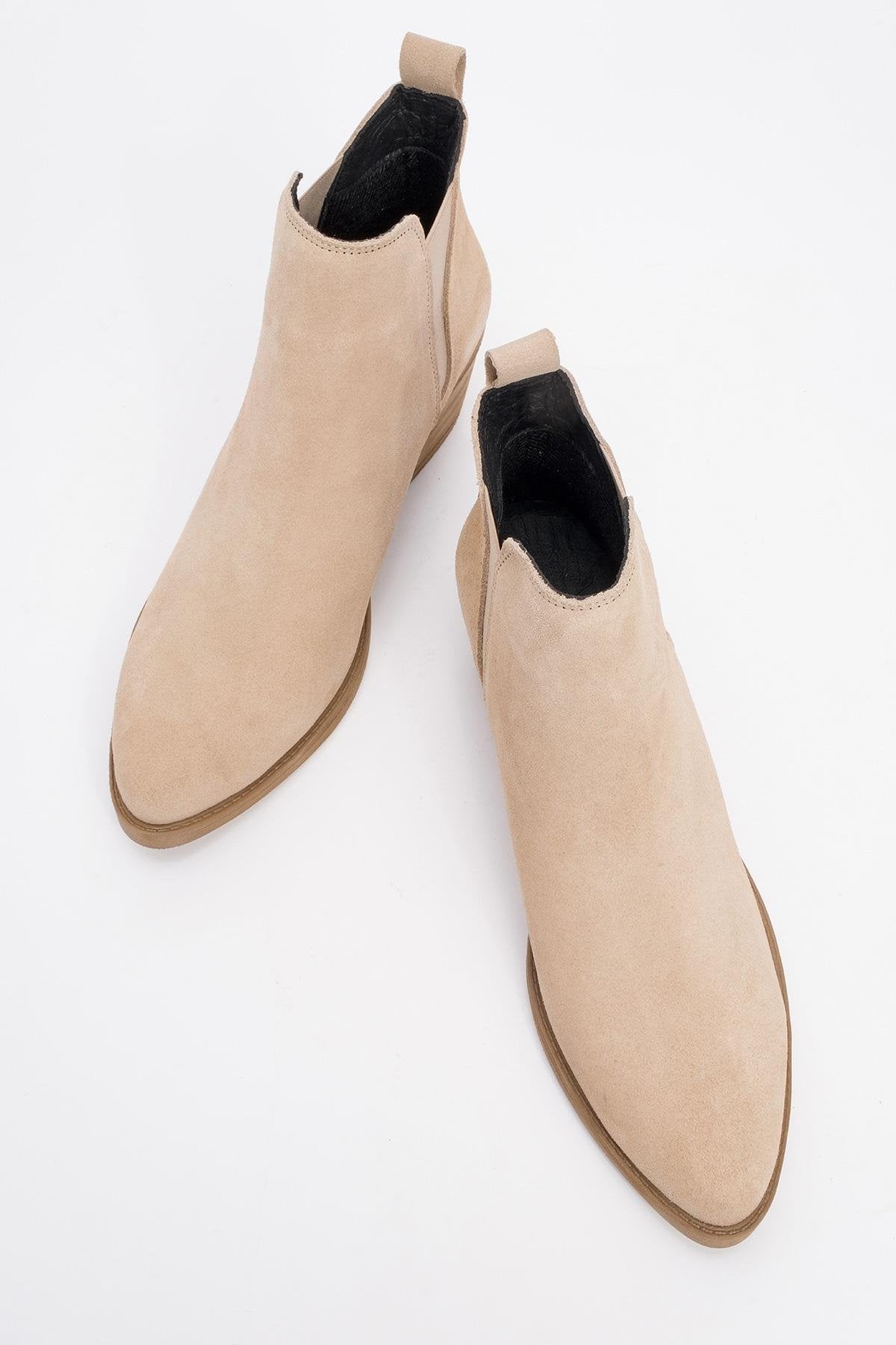 Dovena - Beige Suede Genuine Leather Elastic Block Heel Ankle Boot (Women)