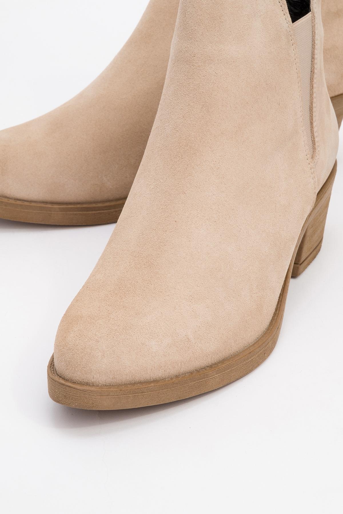 Dovena - Beige Suede Genuine Leather Elastic Block Heel Ankle Boot (Women)