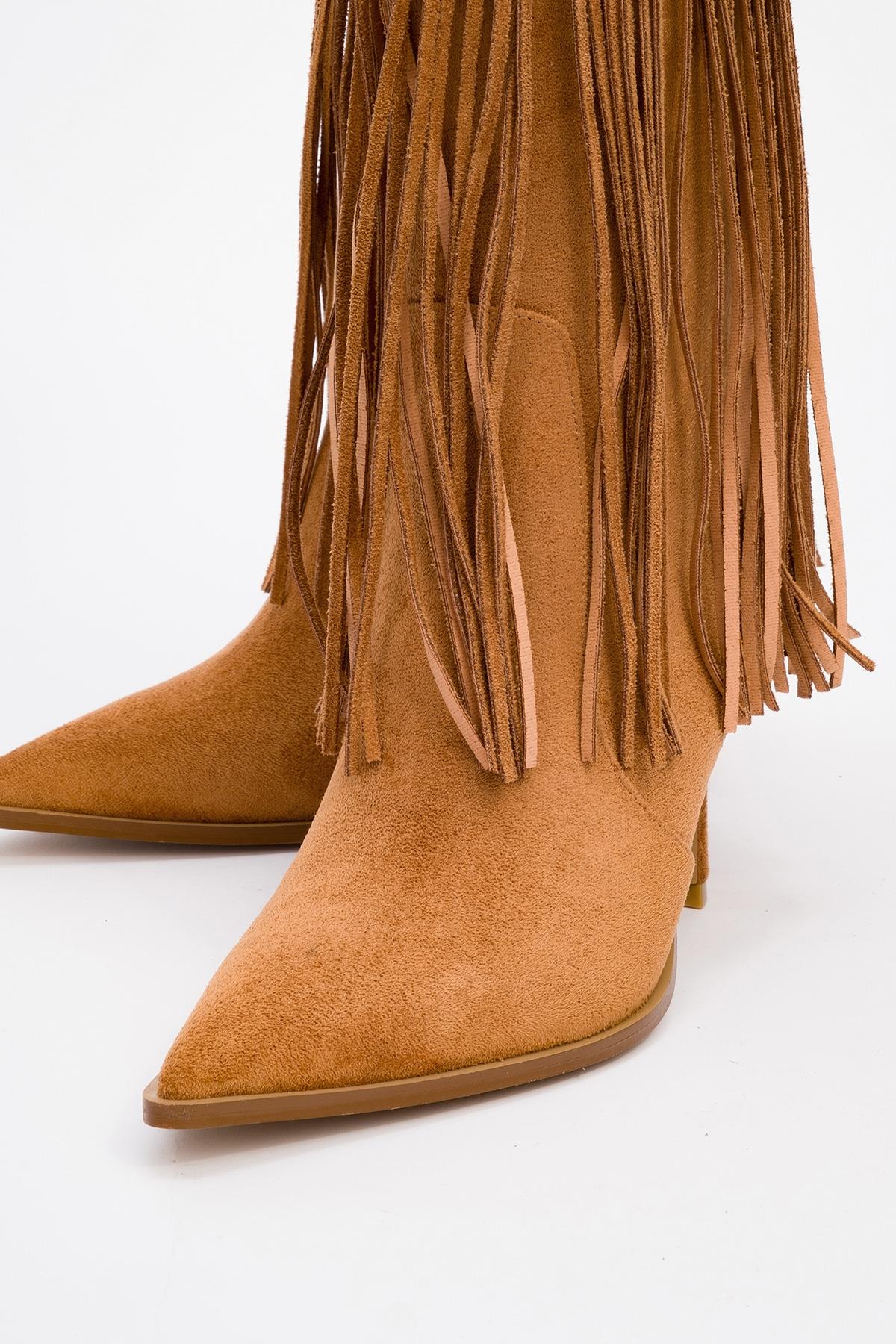 Gueras - Cognac Fringed Pointed Toe High Heel Boot (Women)