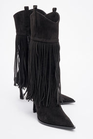 Gueras - Black Fringed Pointed Toe High Heel Boot (Women)