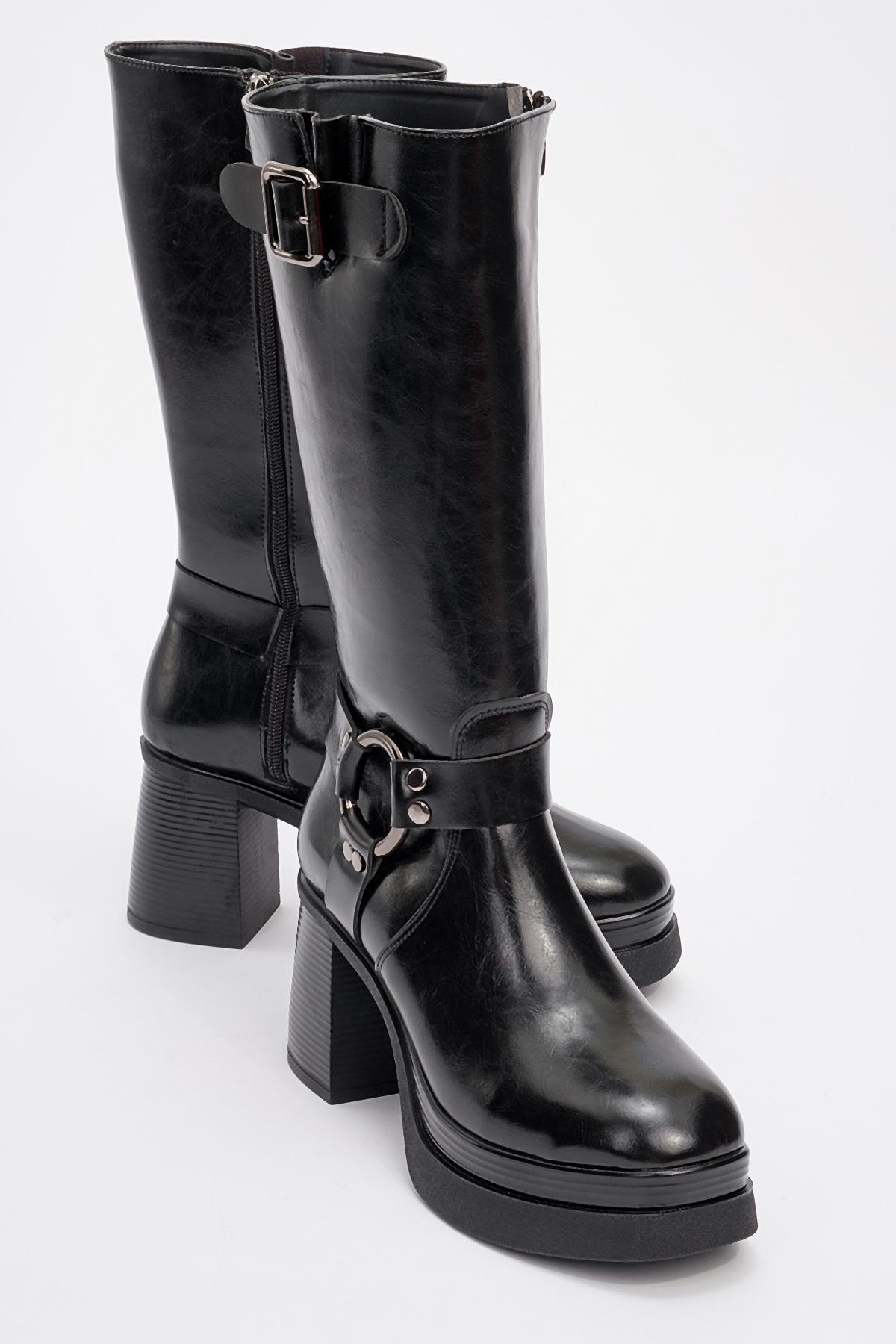Rock - Black Buckle & Zip Platform Heel Boot (Women)
