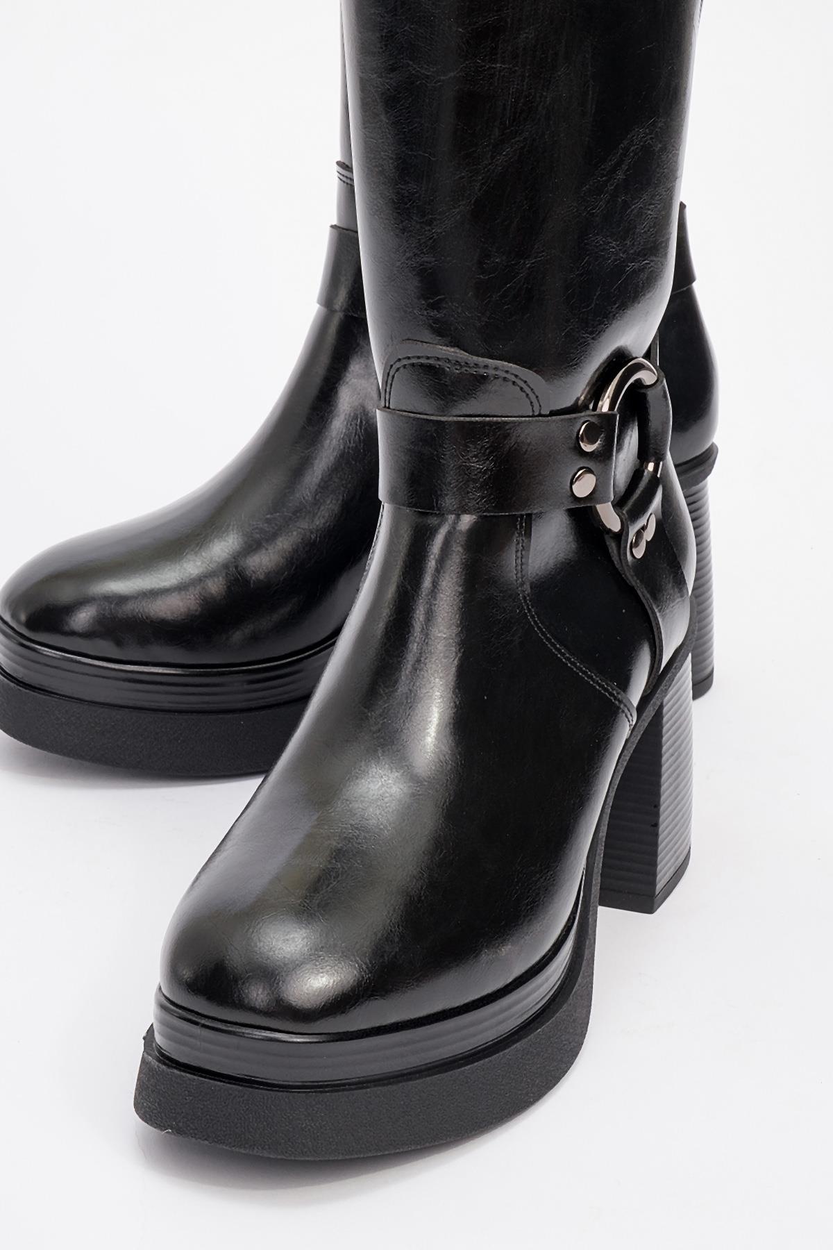 Rock - Black Buckle & Zip Platform Heel Boot (Women)