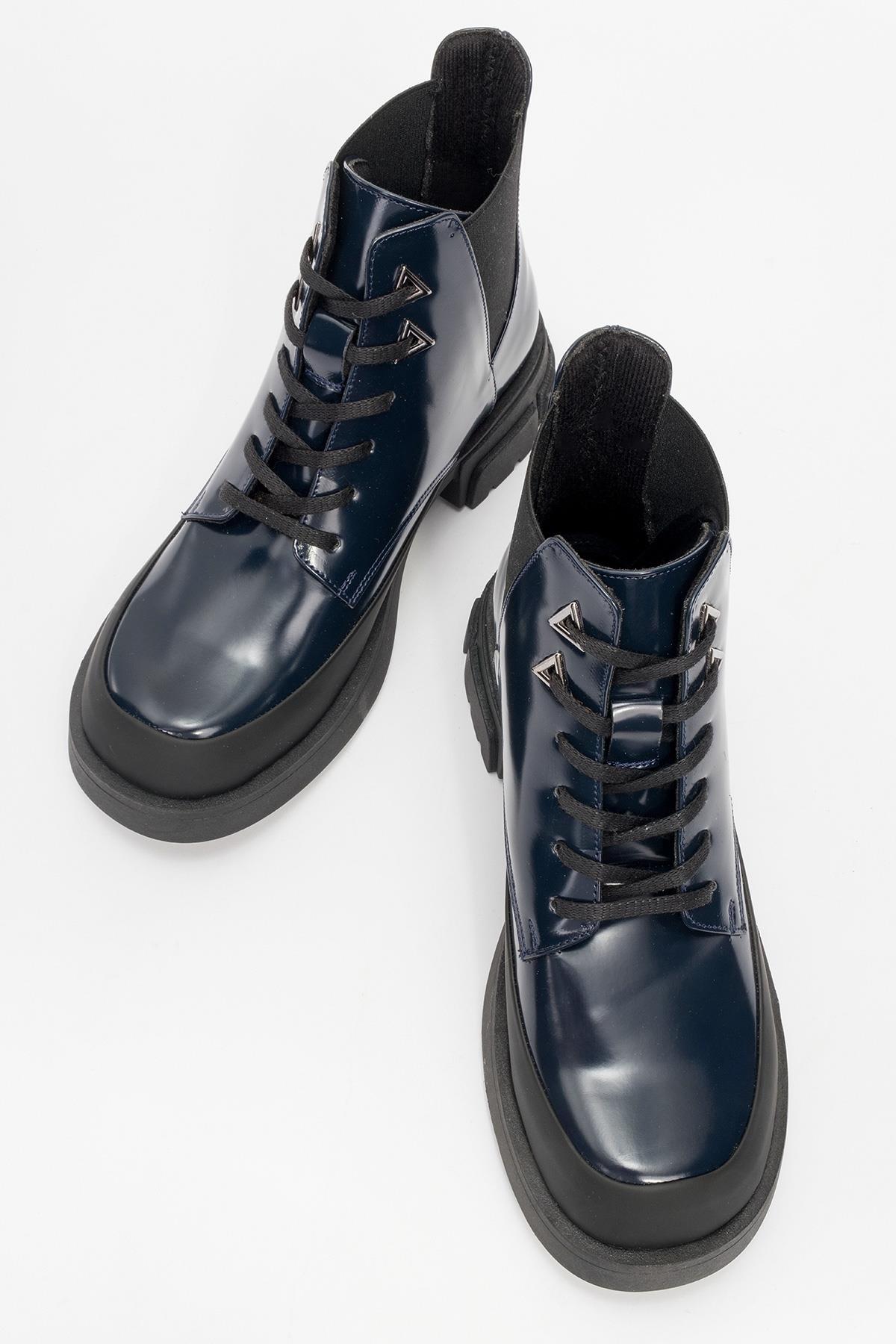 Challo - Navy Patent Lace-Up Elastic Ankle Boot (Women)