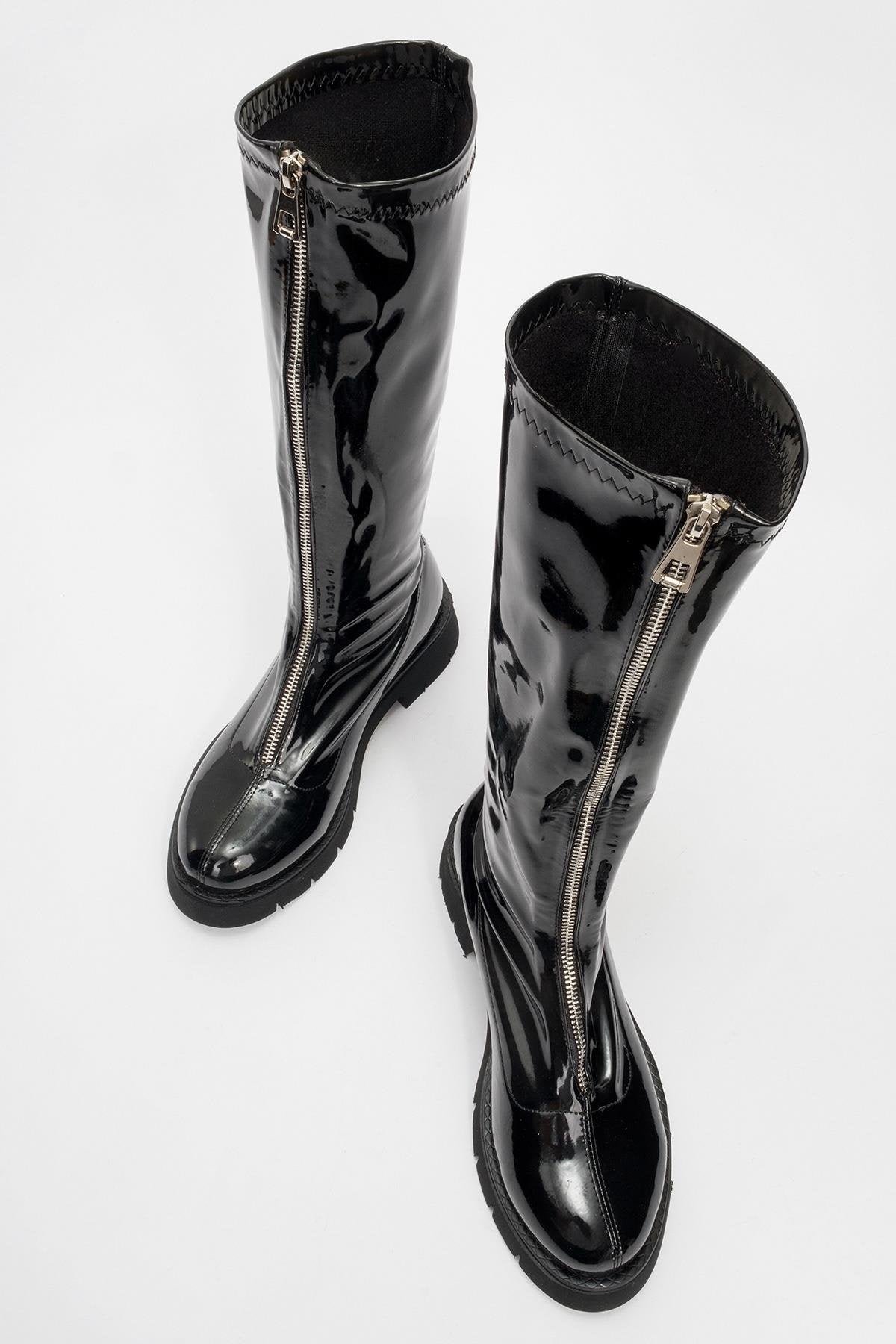 Reus - Black Patent Front-Zip Boot (Women)