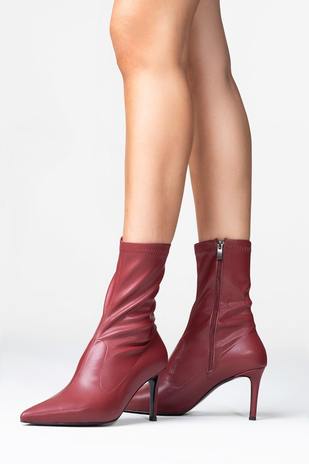 Thalin - Burgundy Pointed Toe Side-Zip Stiletto Heel Boot (Women)