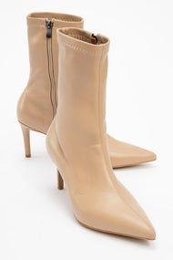 Thalin - Beige Pointed Toe Side-Zip Slim Heel Boot (Women)