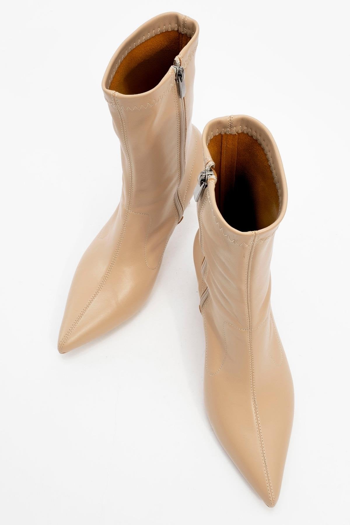 Thalin - Beige Pointed Toe Side-Zip Slim Heel Boot (Women)