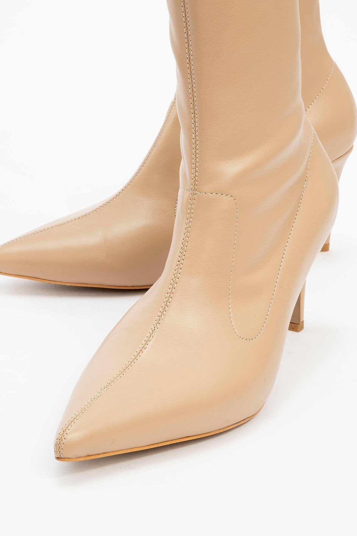 Thalin - Beige Pointed Toe Side-Zip Slim Heel Boot (Women)