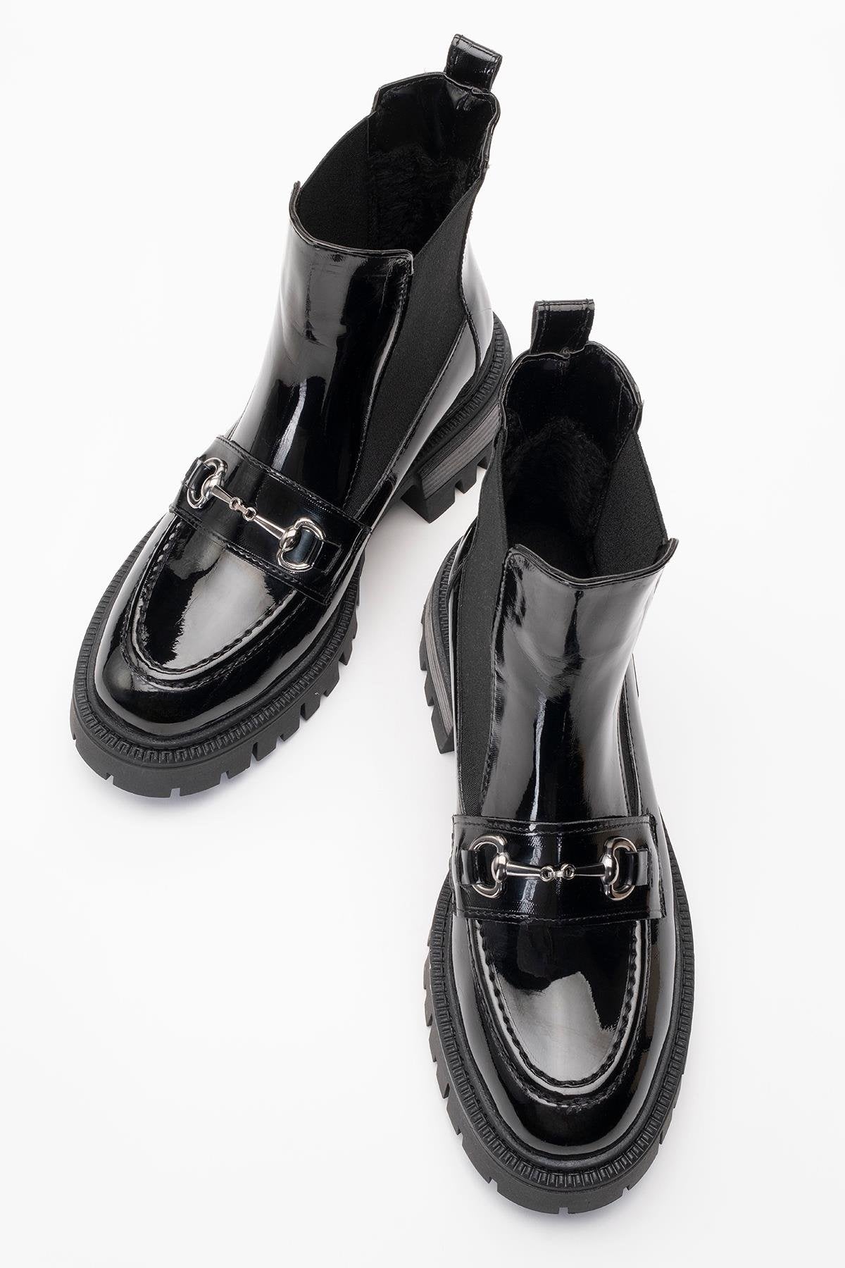 Vesper Black Patent Buckled Chelsea Boot (Women)