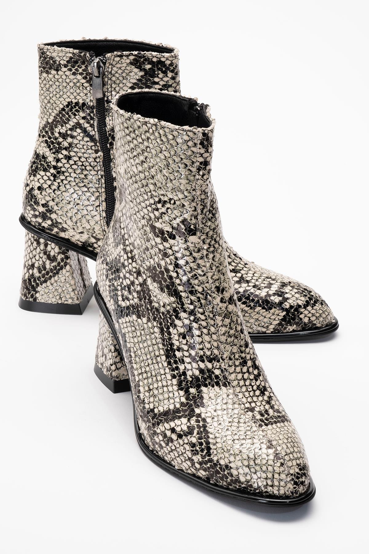 Nina - Black White Patterned Block Heel Ankle Boot (Women)