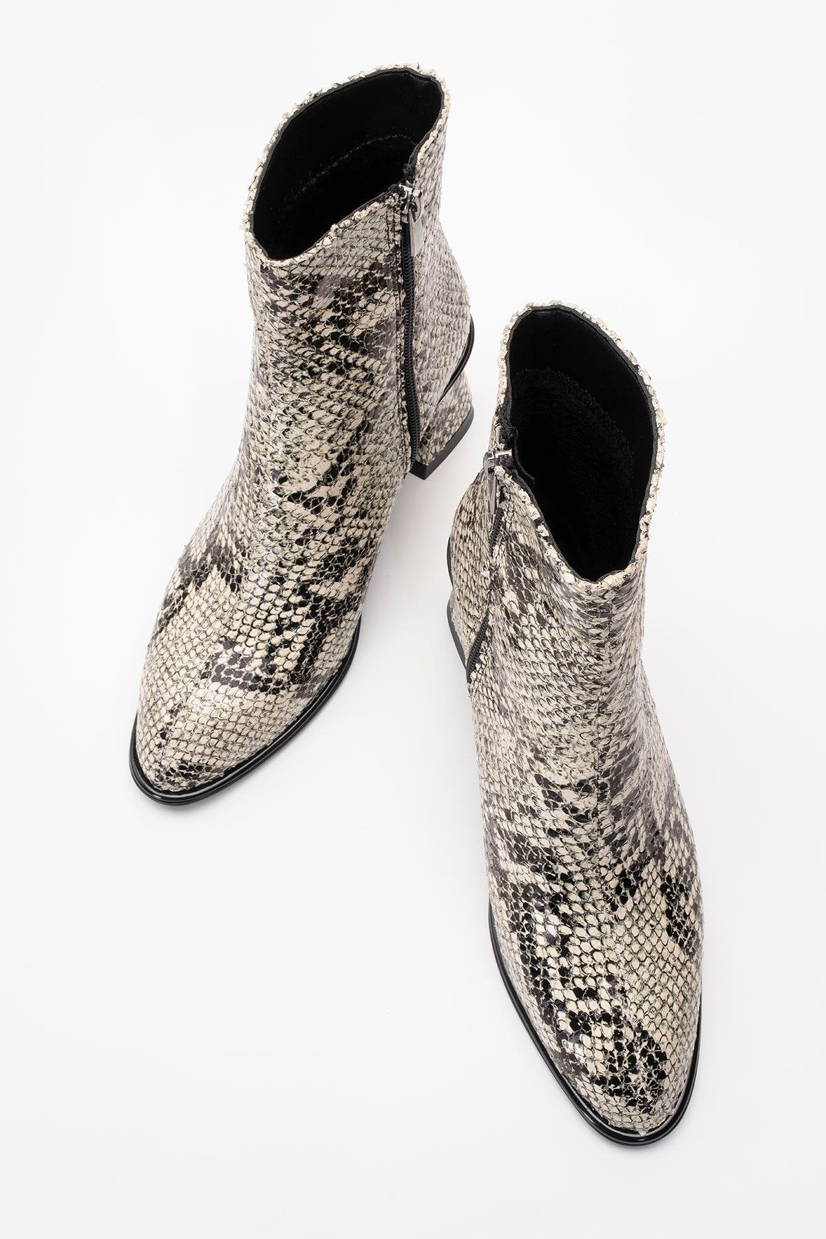 Nina - Black White Patterned Block Heel Ankle Boot (Women)