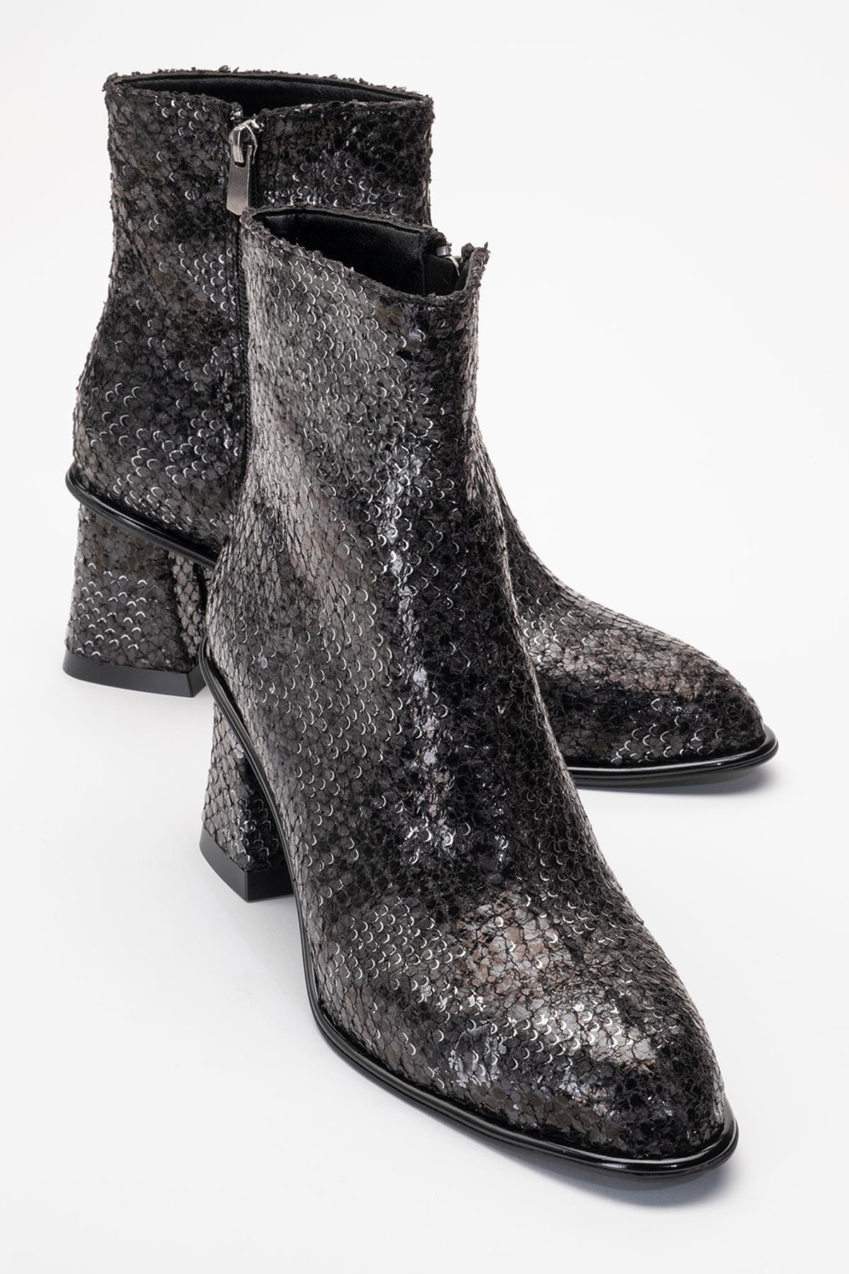 Nina - Black Patterned Block Heel Ankle Boot (Women)