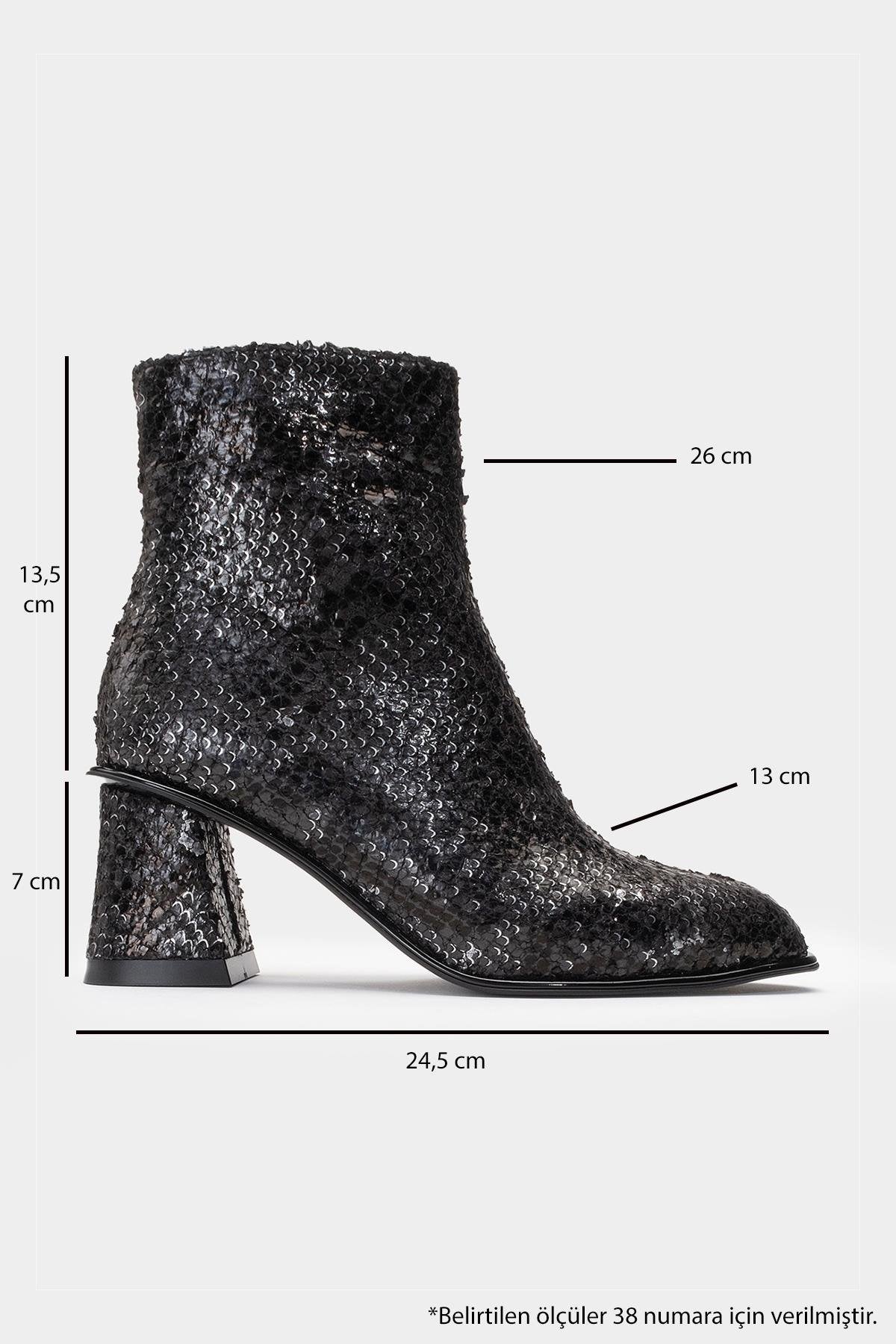 Nina - Black Patterned Block Heel Ankle Boot (Women)