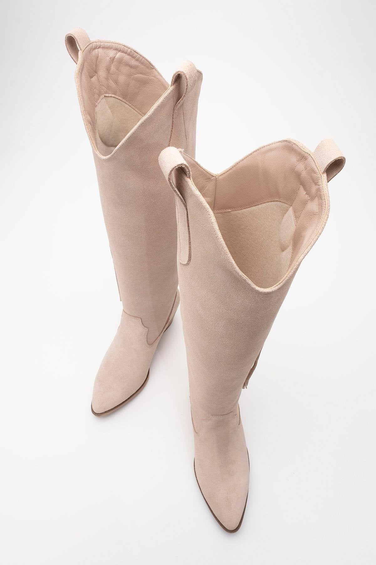 Rios - Beige Genuine Leather Suede Tassel Chunky Heel Boot (Women)