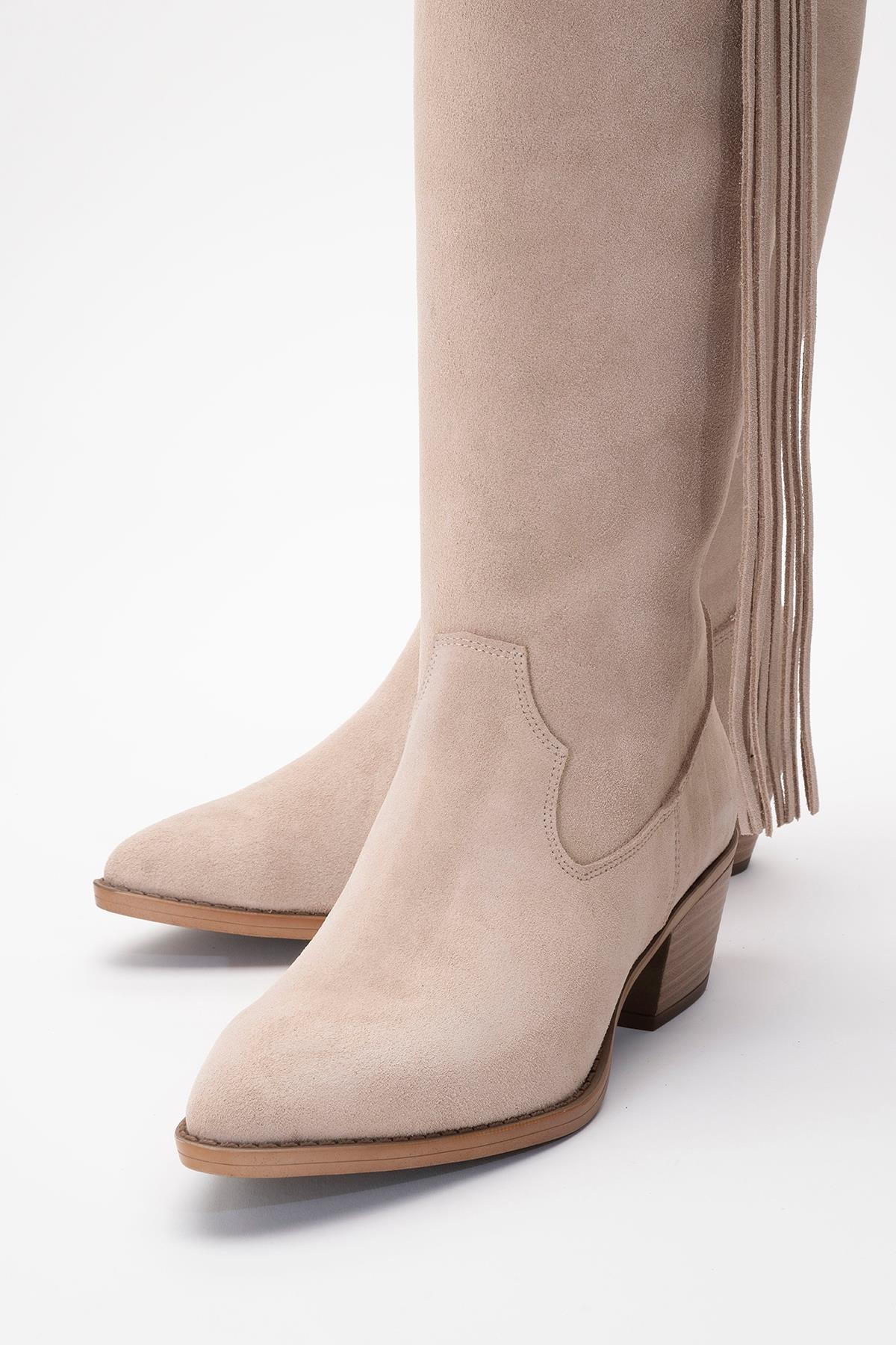 Rios - Beige Genuine Leather Suede Tassel Chunky Heel Boot (Women)