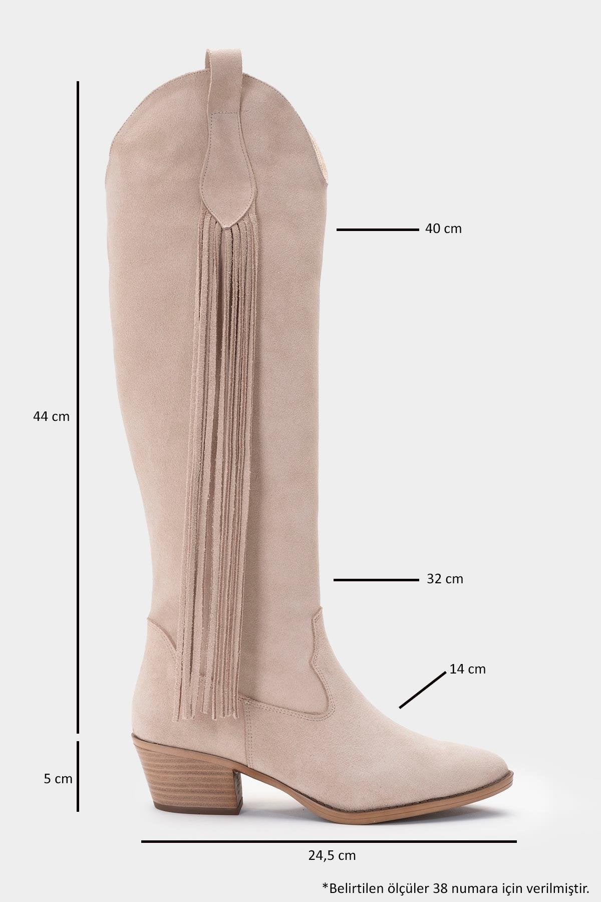 Rios - Beige Genuine Leather Suede Tassel Chunky Heel Boot (Women)