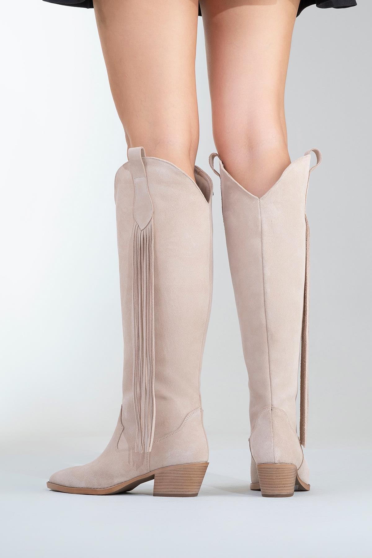 Rios - Beige Genuine Leather Suede Tassel Chunky Heel Boot (Women)