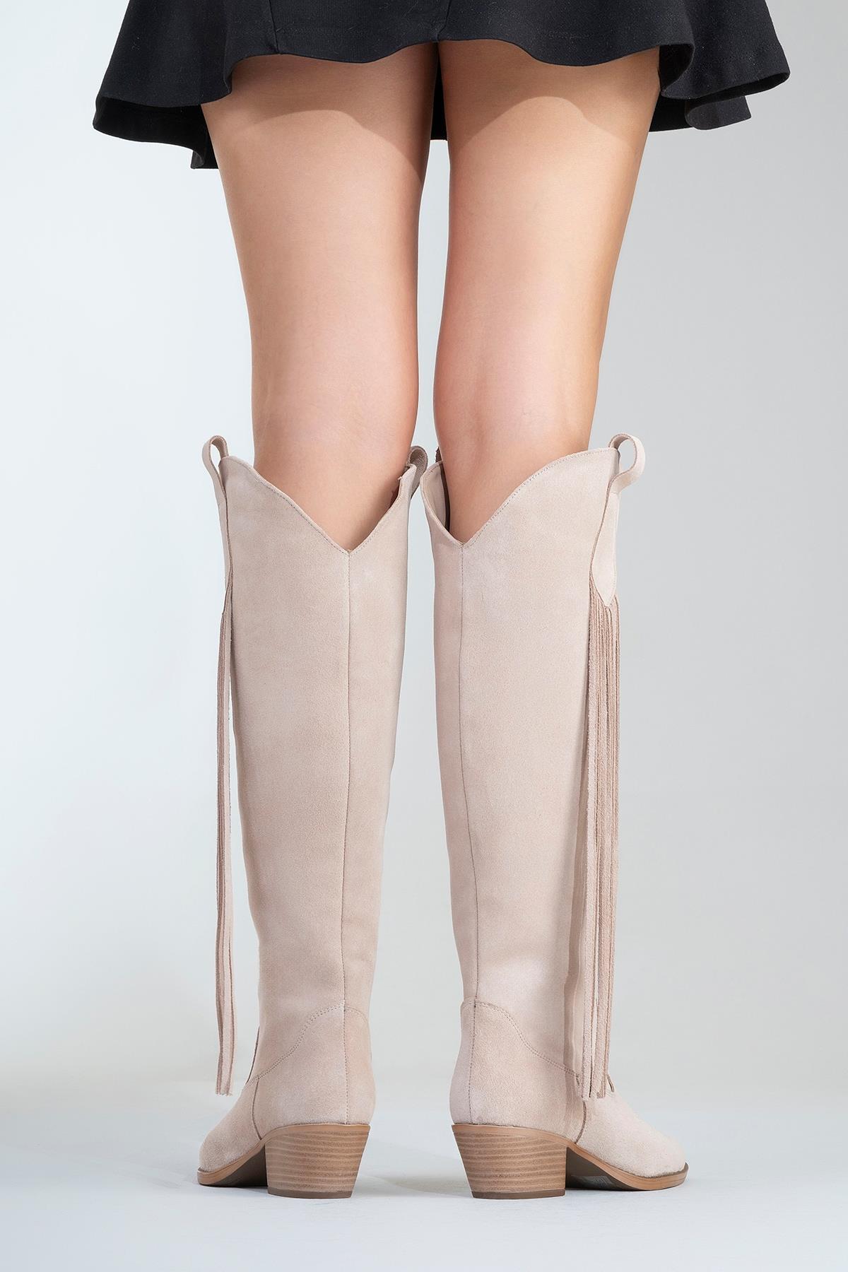 Rios - Beige Genuine Leather Suede Tassel Chunky Heel Boot (Women)