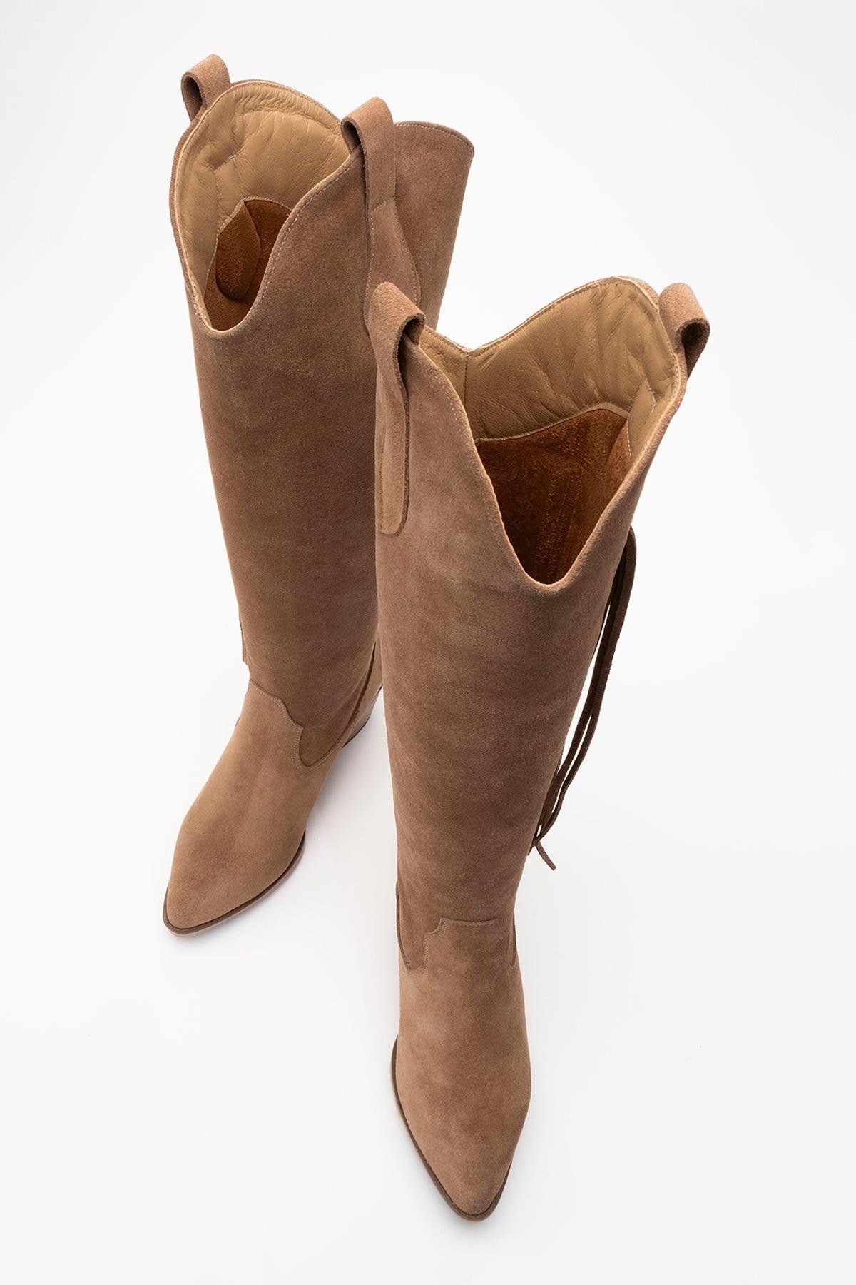 Rios - Taupe Genuine Leather Suede Block Heel Knee-High Boot (Women)