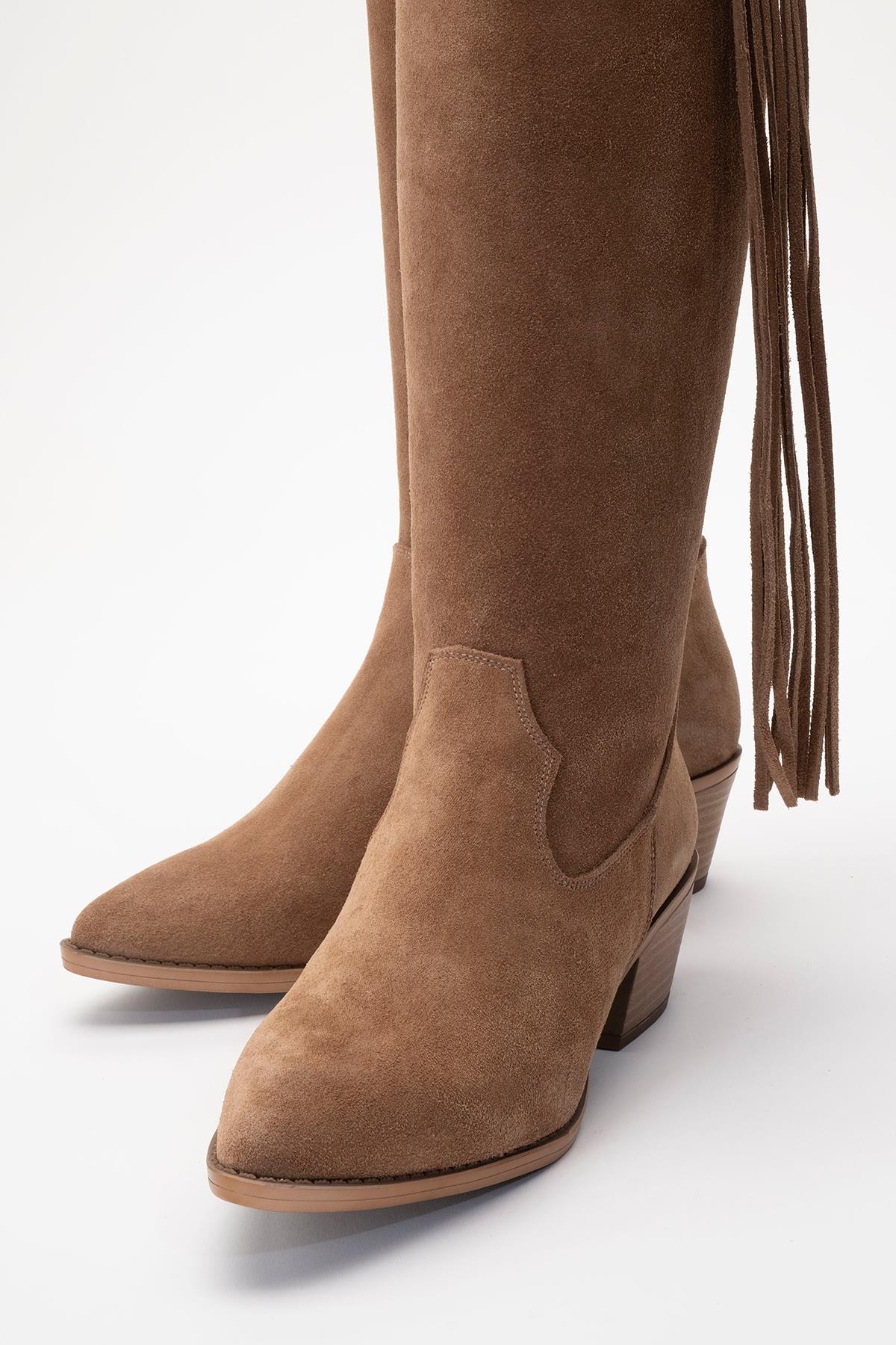 Rios - Taupe Genuine Leather Suede Block Heel Knee-High Boot (Women)