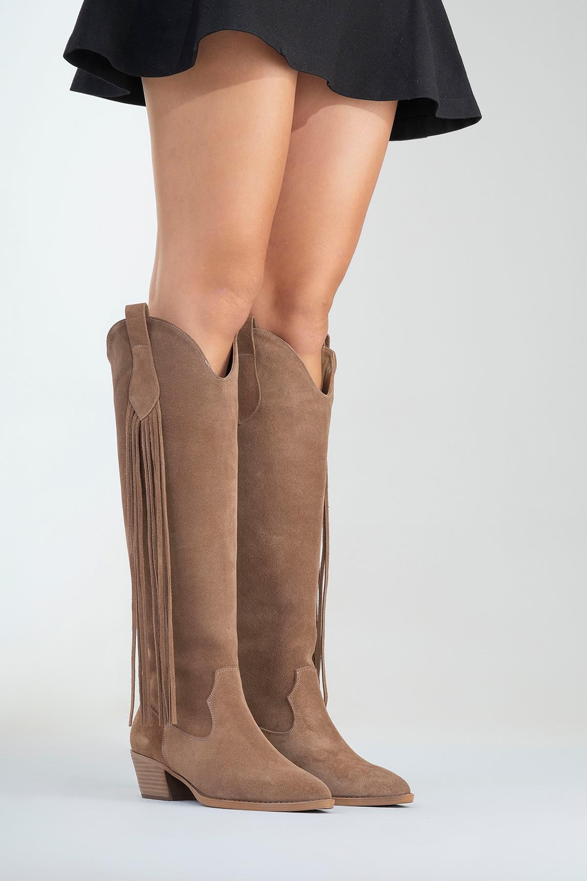 Rios - Taupe Genuine Leather Suede Block Heel Knee-High Boot (Women)