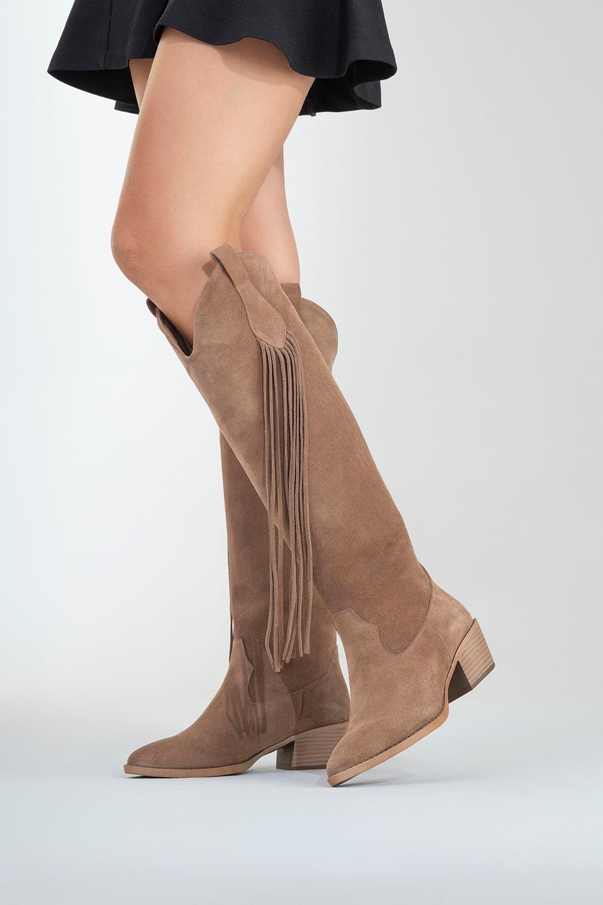 Rios - Taupe Genuine Leather Suede Block Heel Knee-High Boot (Women)