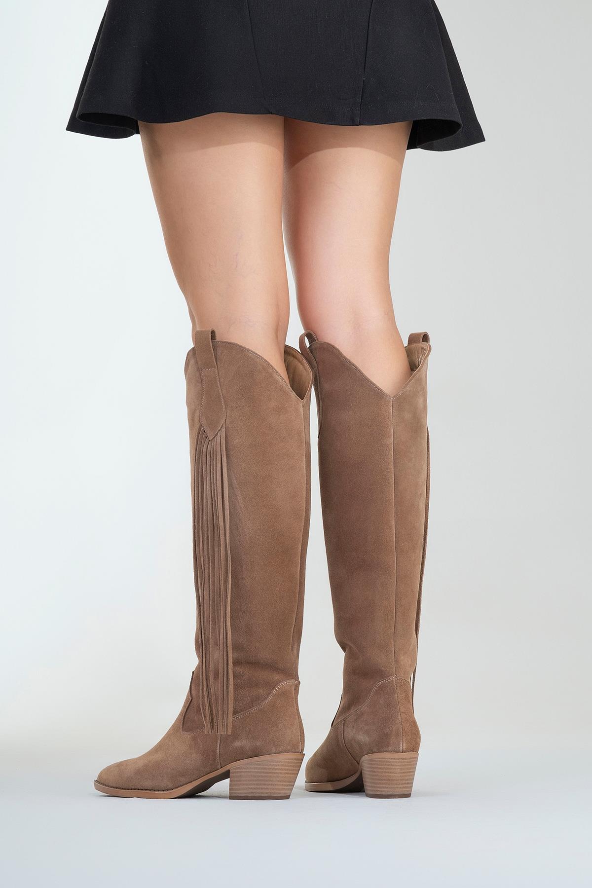 Rios - Taupe Genuine Leather Suede Block Heel Knee-High Boot (Women)