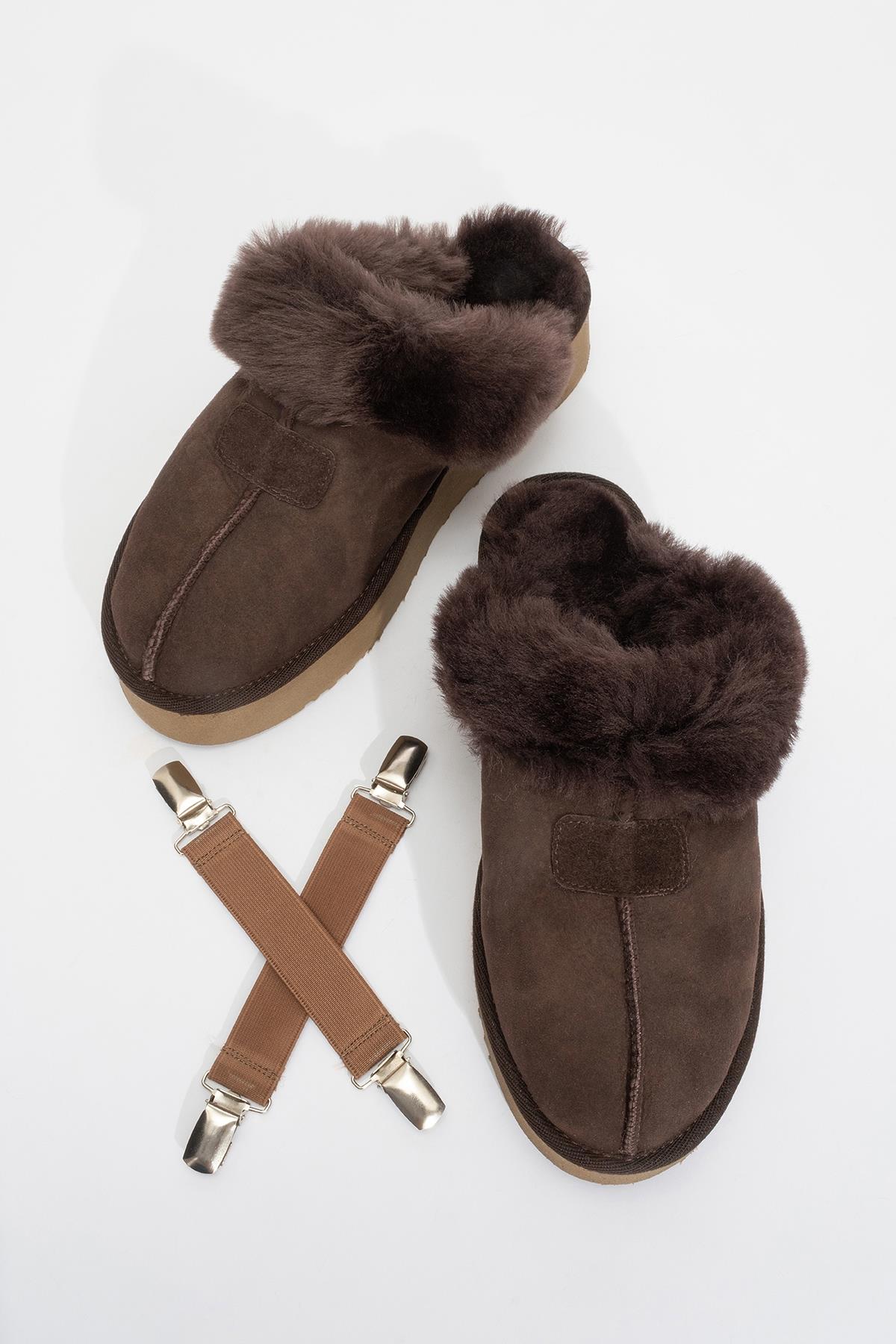 Olessa - Brown Genuine Leather Suede Fur-Lined Slipper (Women)