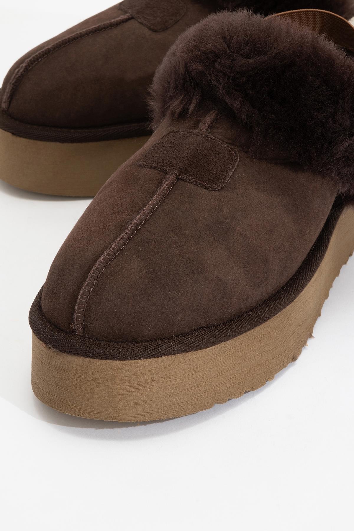 Olessa - Brown Genuine Leather Suede Fur-Lined Slipper (Women)