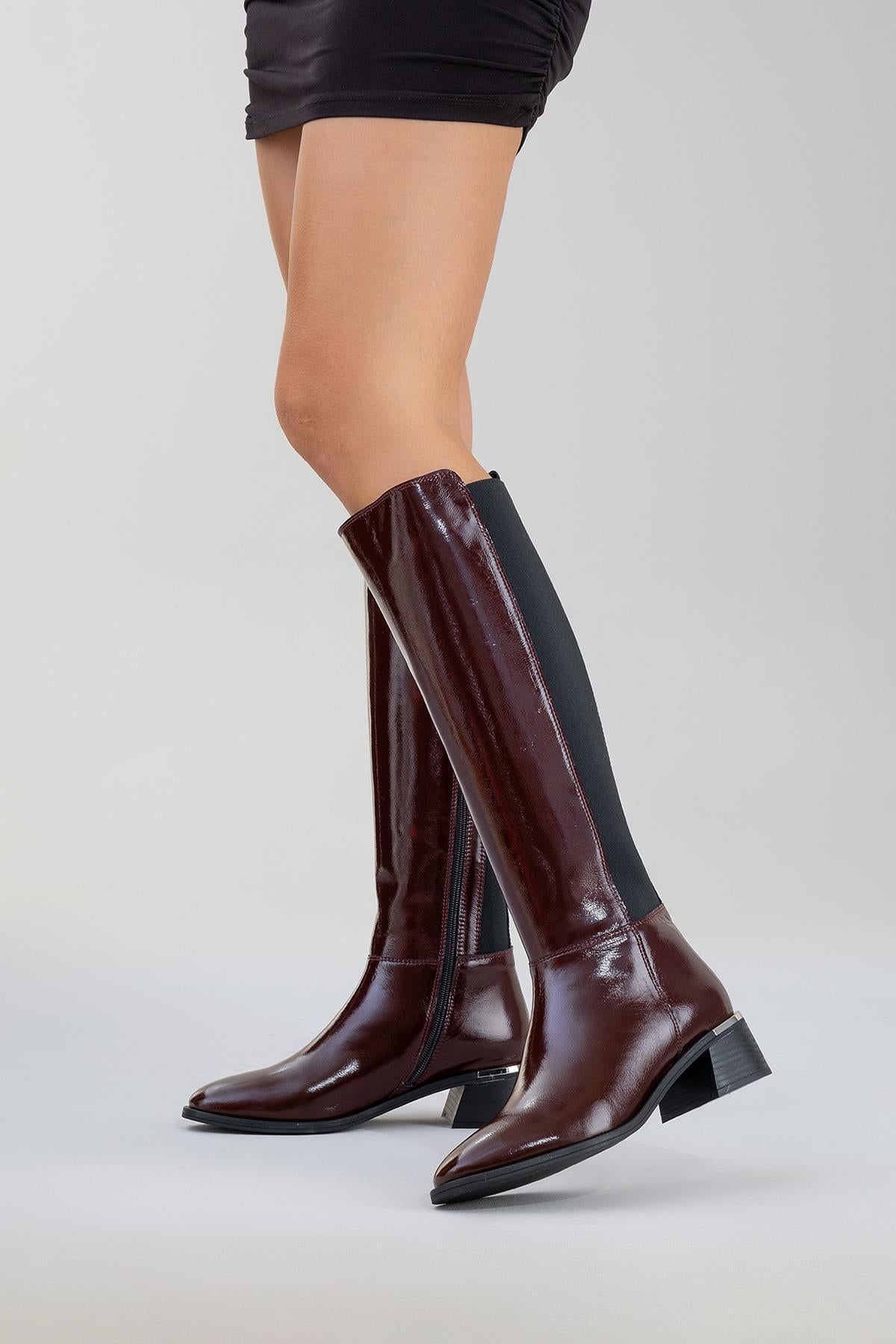 Rochos - Burgundy Patent Genuine Leather Block Heel Knee-High Boot (Women)