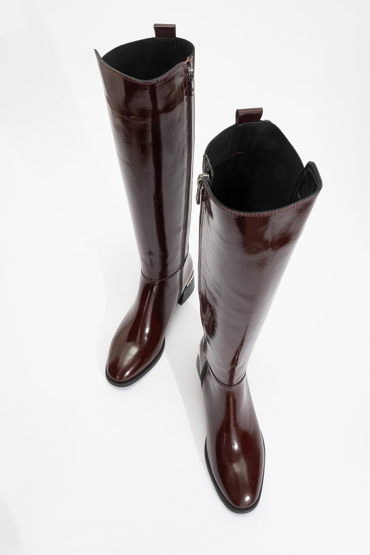 Rochos - Burgundy Patent Genuine Leather Block Heel Knee-High Boot (Women)
