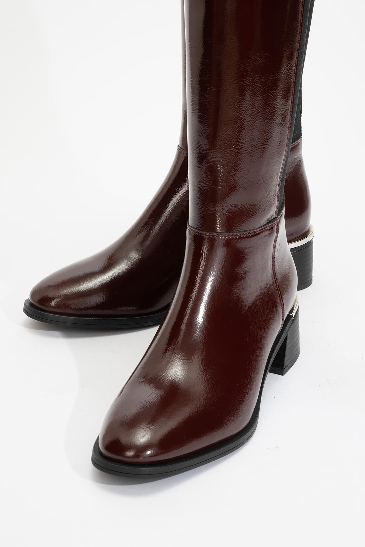 Rochos - Burgundy Patent Genuine Leather Block Heel Knee-High Boot (Women)