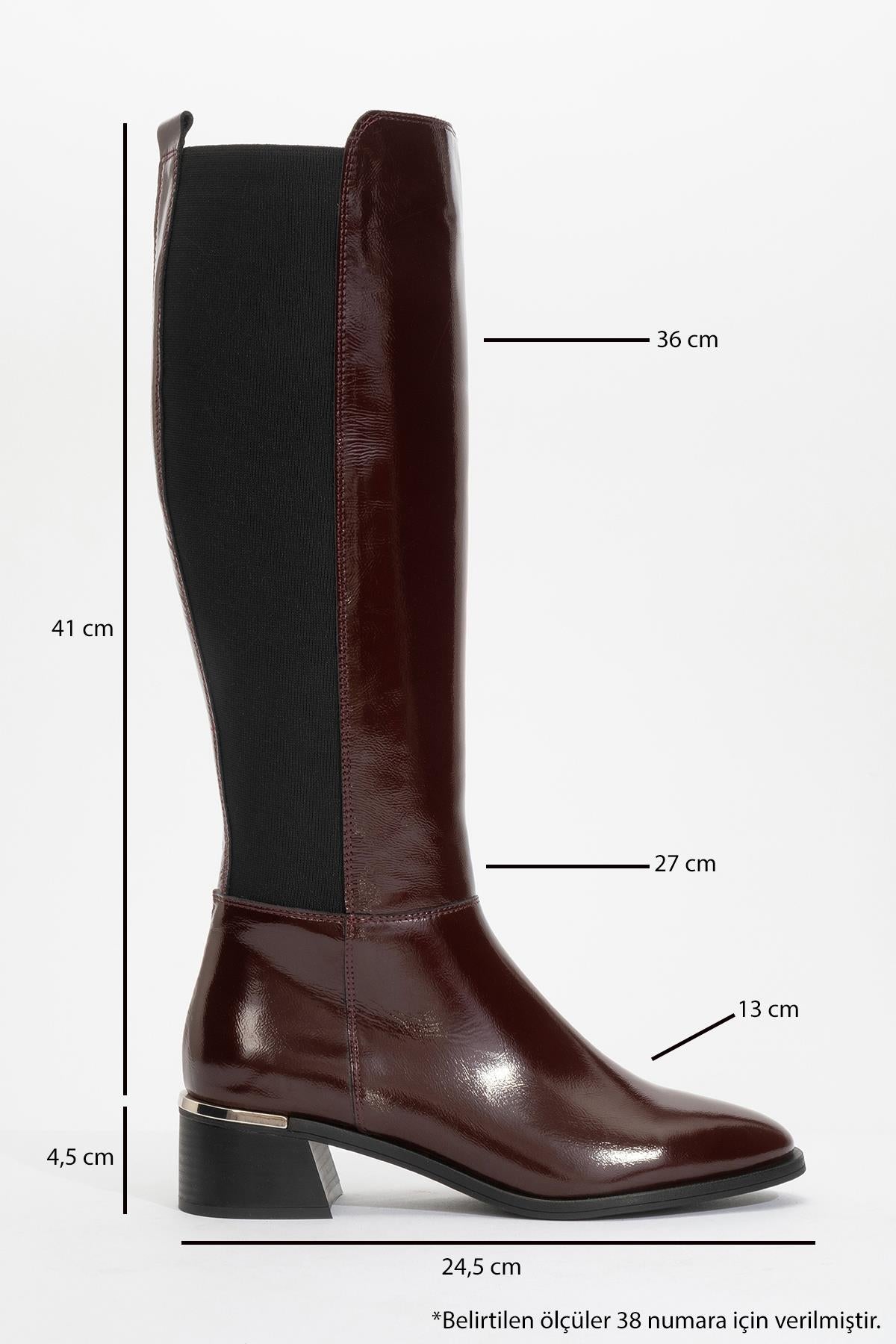 Rochos - Burgundy Patent Genuine Leather Block Heel Knee-High Boot (Women)