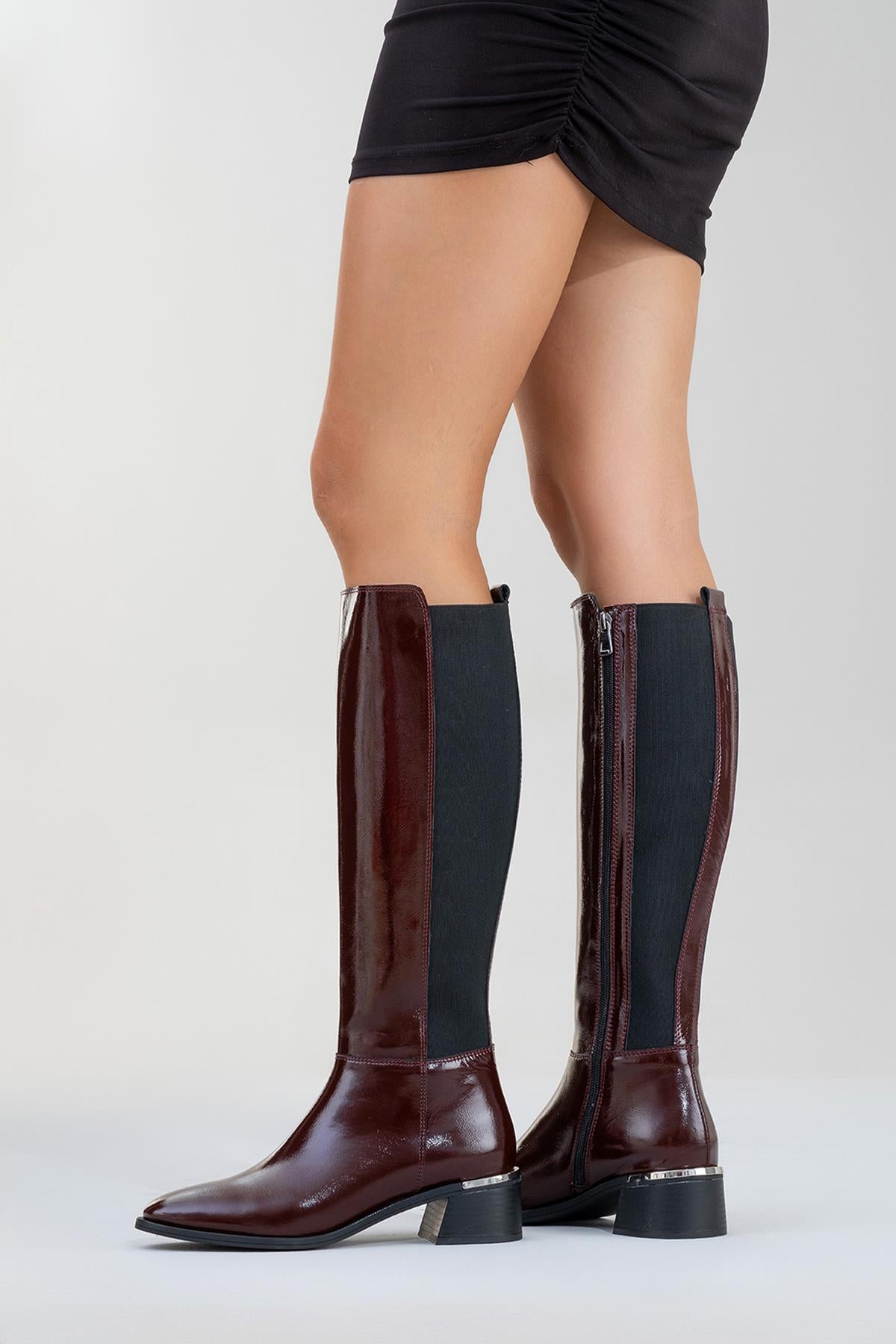 Rochos - Burgundy Patent Genuine Leather Block Heel Knee-High Boot (Women)