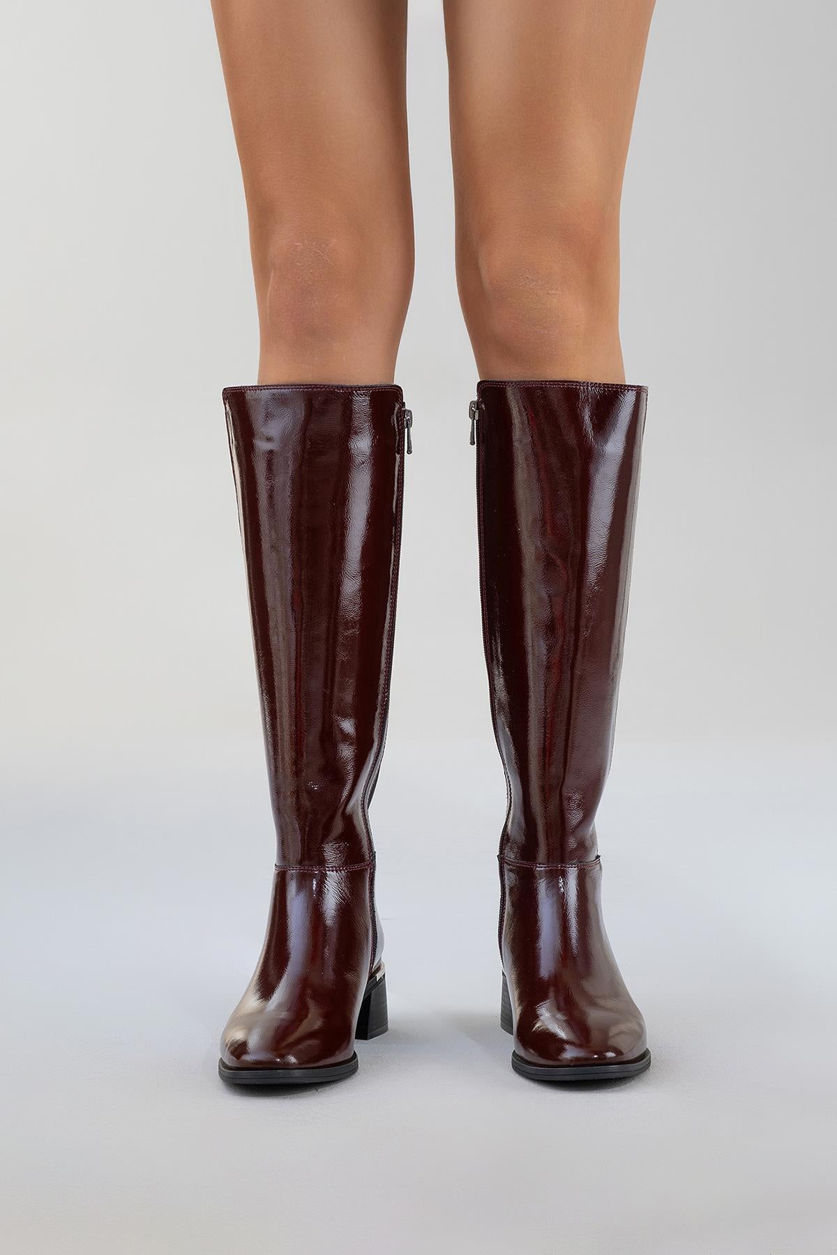 Rochos - Burgundy Patent Genuine Leather Block Heel Knee-High Boot (Women)