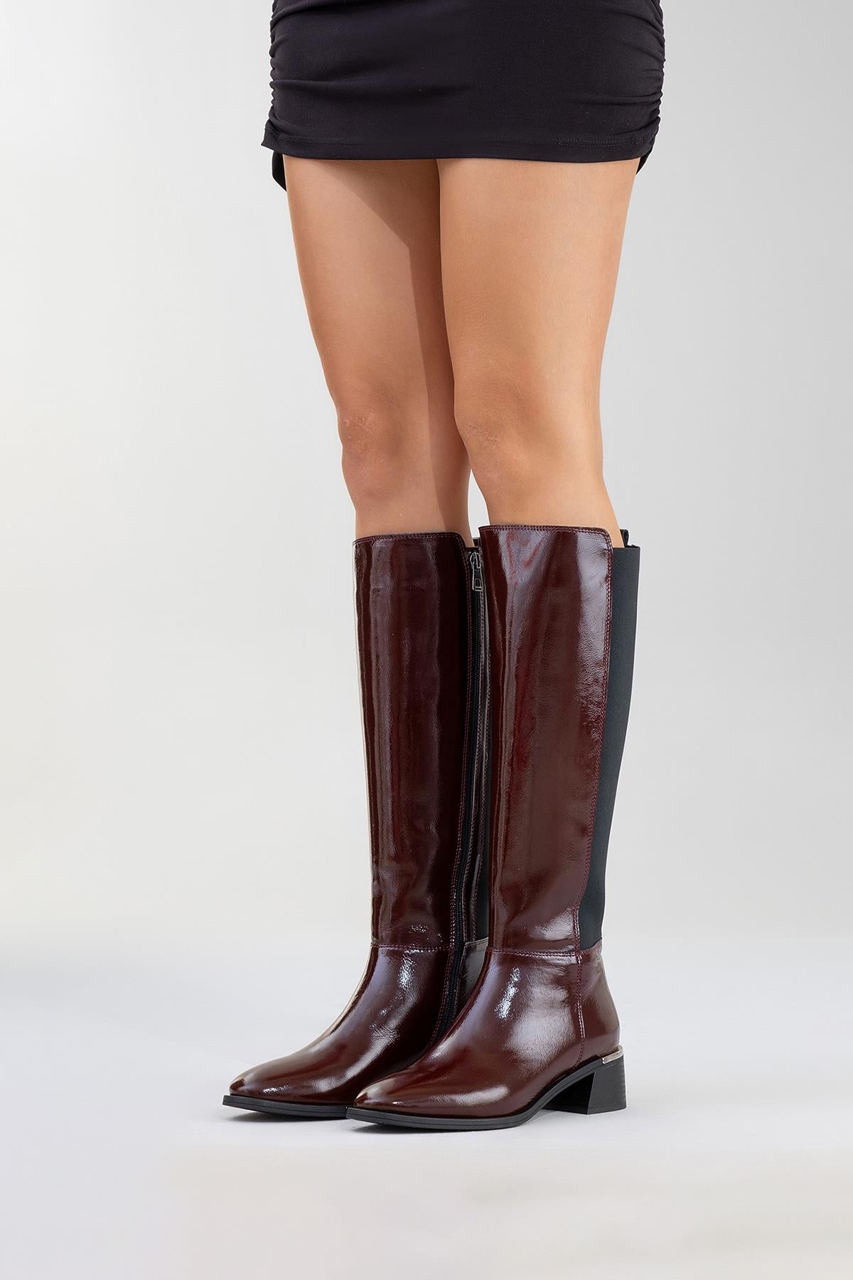 Rochos - Burgundy Patent Genuine Leather Block Heel Knee-High Boot (Women)